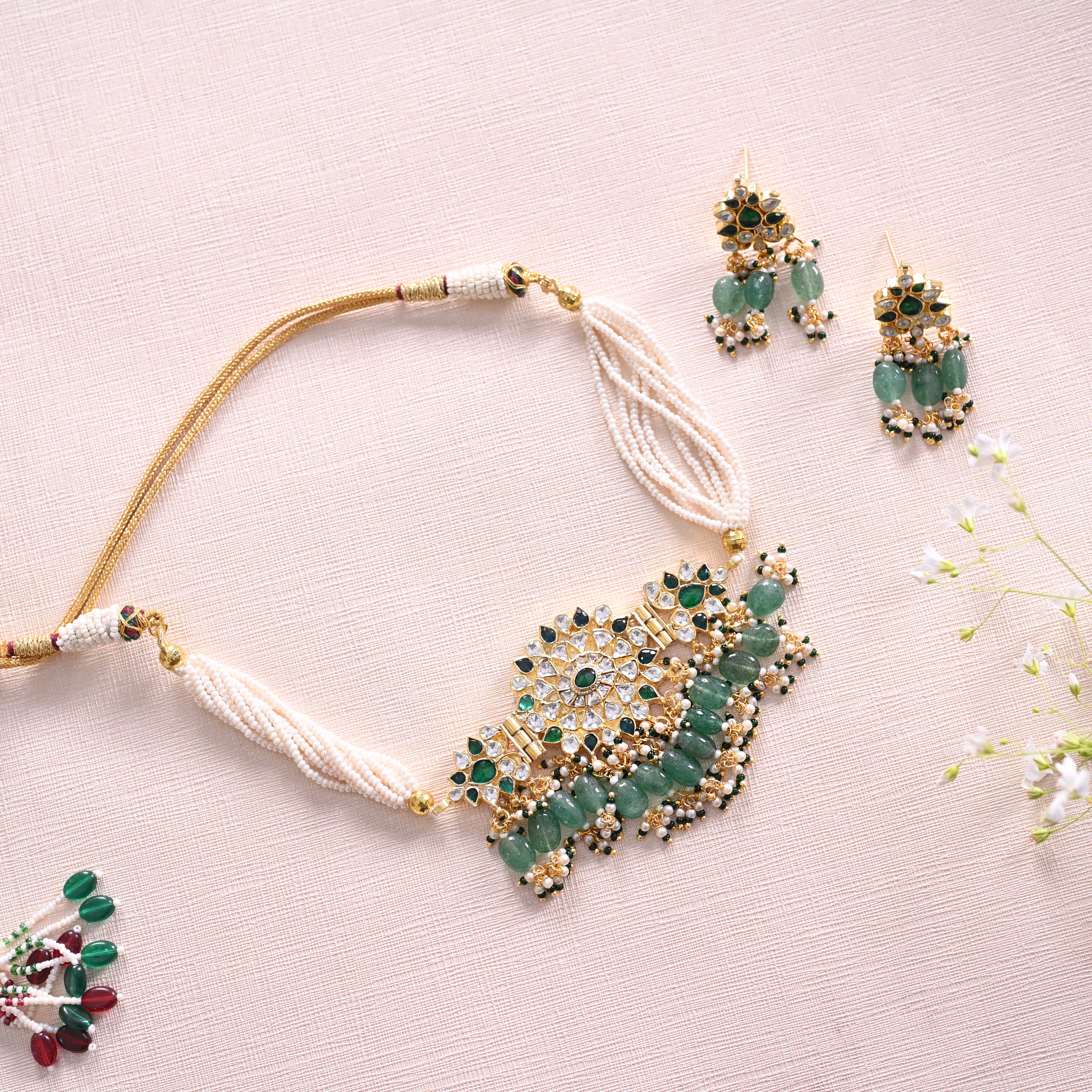 SJN1234- Green and White Colour Gold Plated Jadau Kundan Choker with Earrings