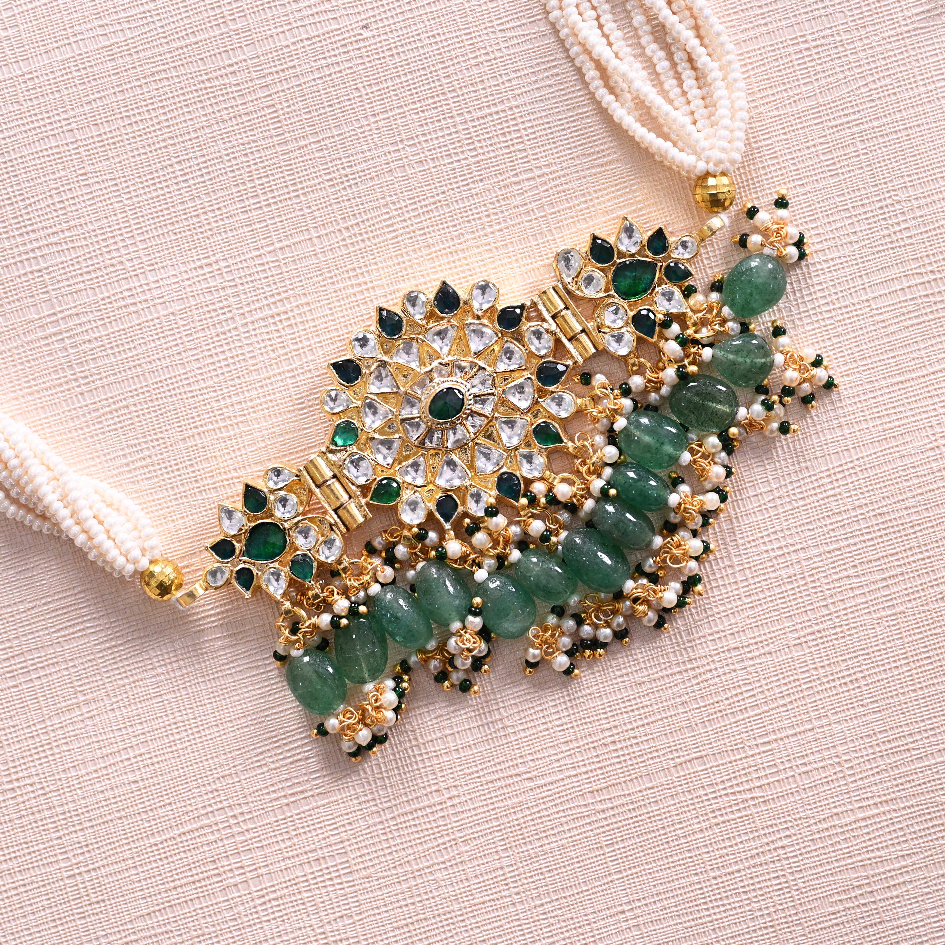 SJN1234- Green and White Colour Gold Plated Jadau Kundan Choker with Earrings