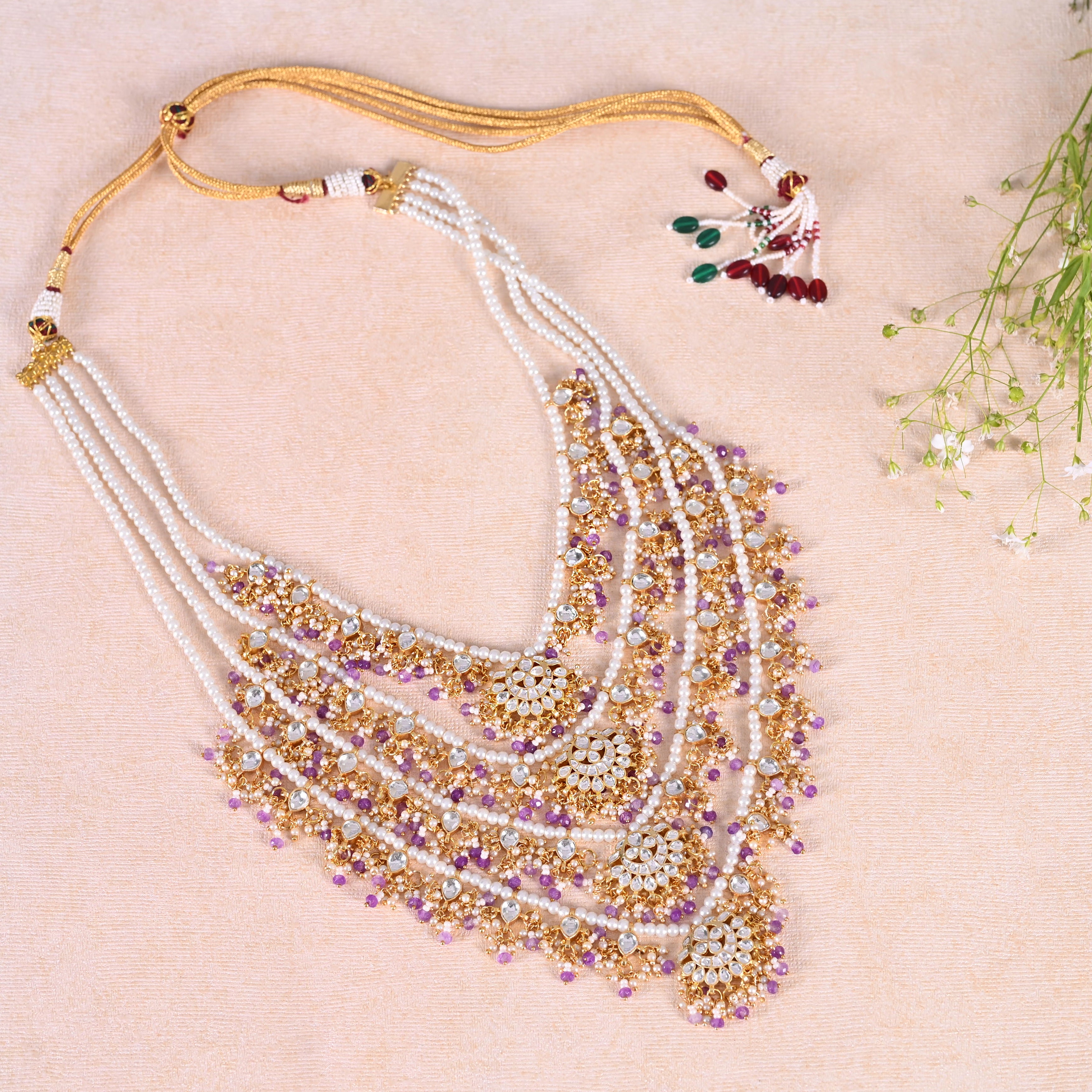 SJN1066- White and Purple Colour Gold Plated Jadau Kundan Raani Haar (4 Lines)