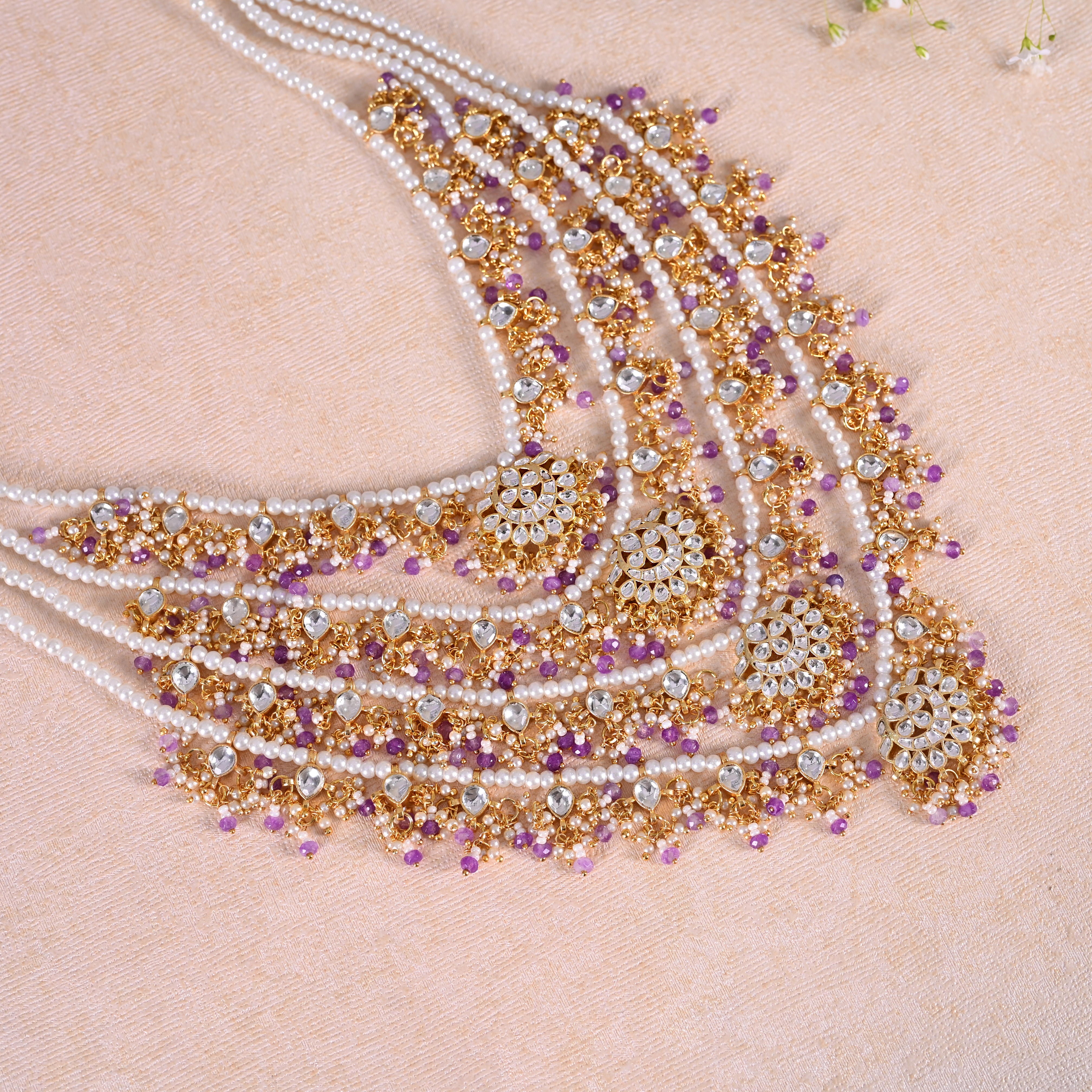 SJN1066- White and Purple Colour Gold Plated Jadau Kundan Raani Haar (4 Lines)