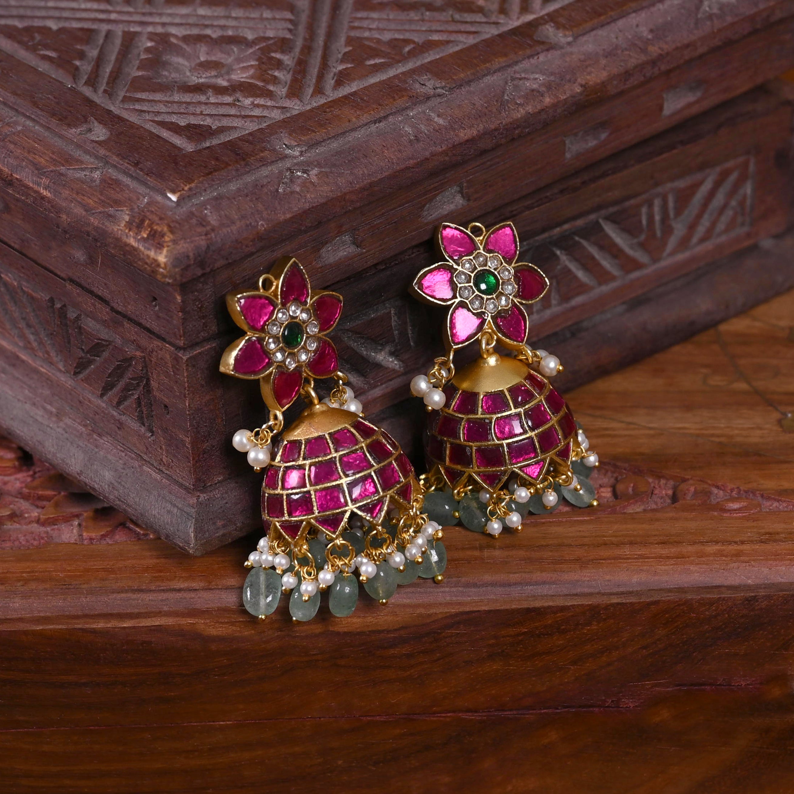 SJE1113- Multi Colour Gold Plated Jadau Kundan Temple Jhumki Earrings