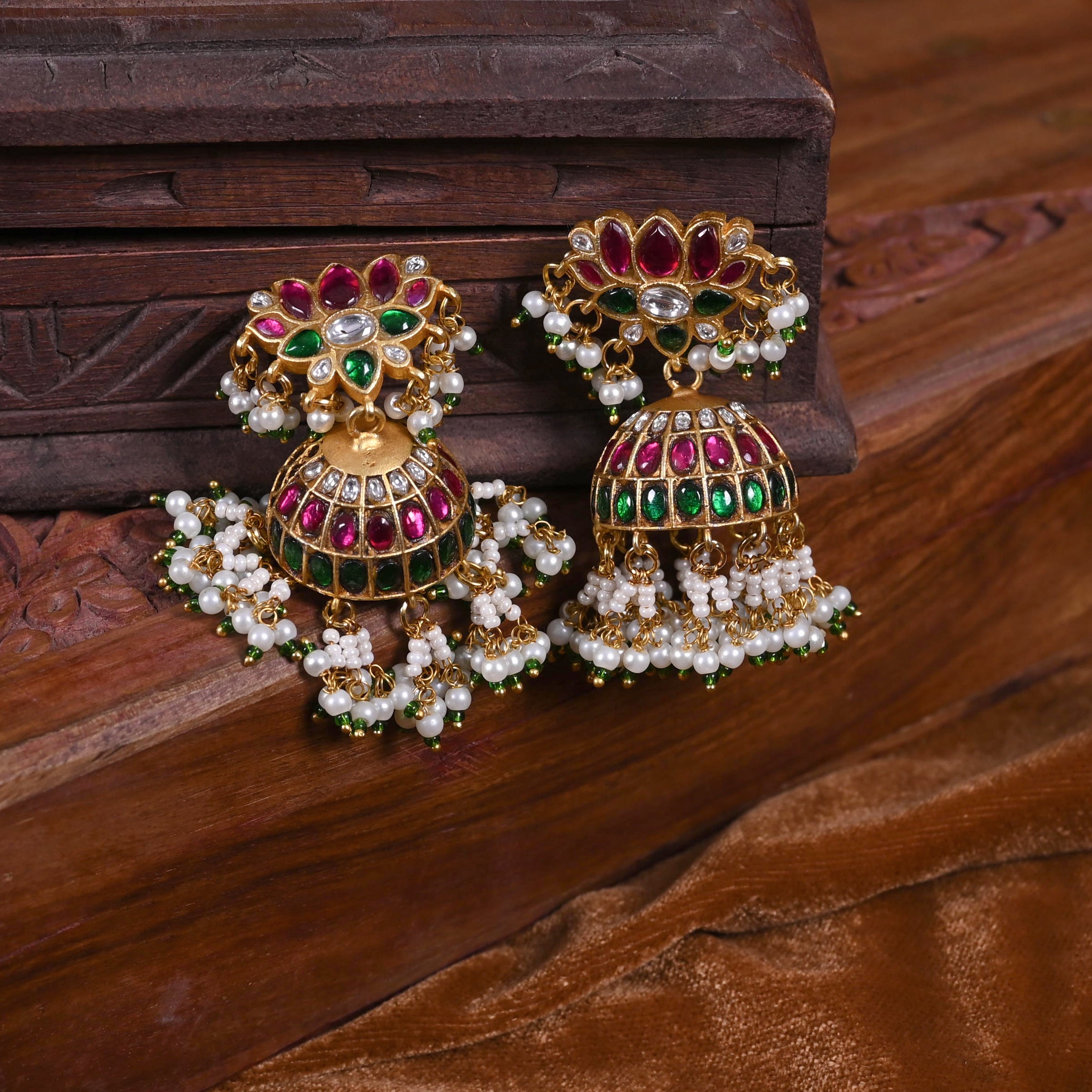 SJE1114- Multi Colour Gold Plated Jadau Kundan Temple Lotus Motif Jhumki Earrings