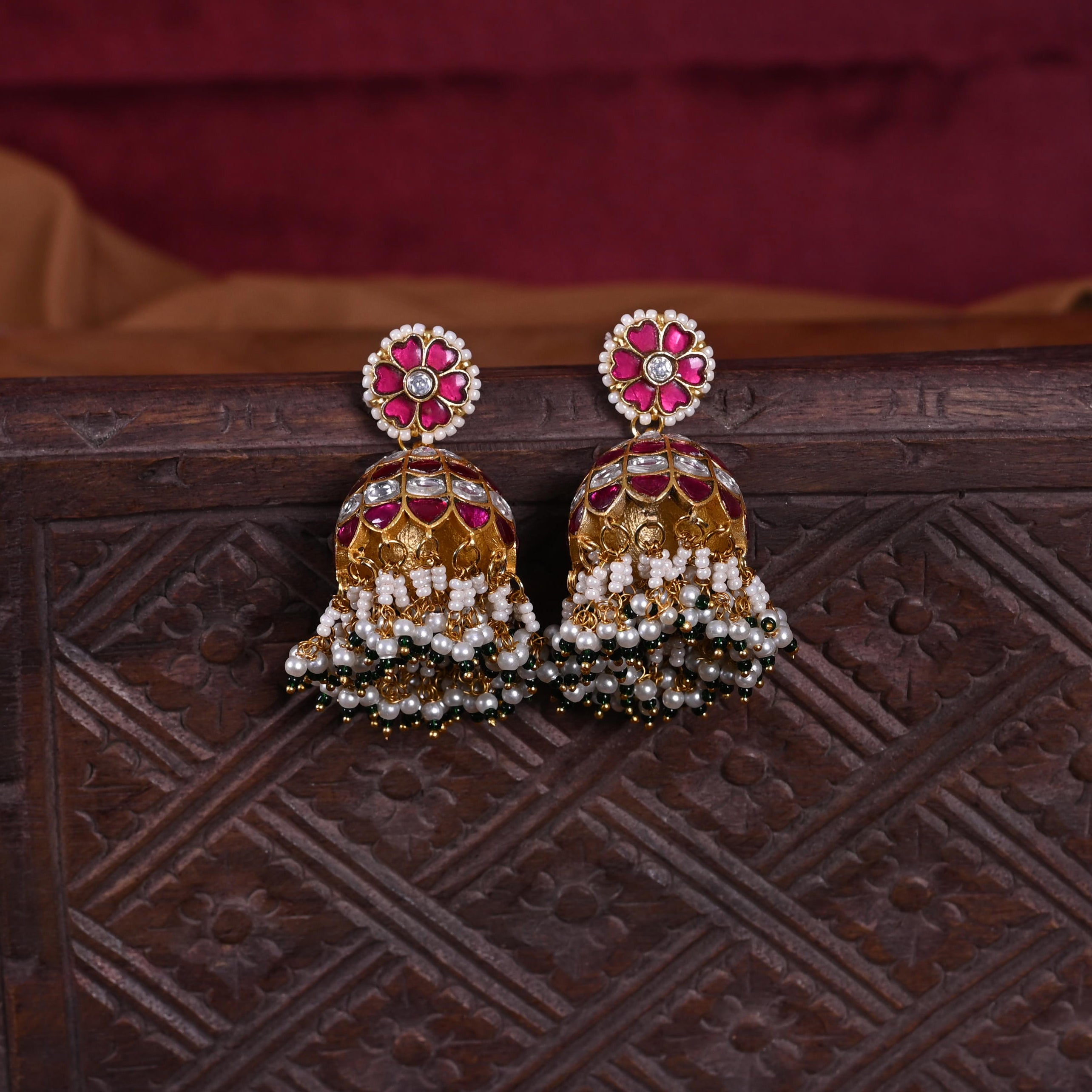 SJE1116- Multi Colour Gold Plated Jadau Kundan Temple Jhumki Earrings