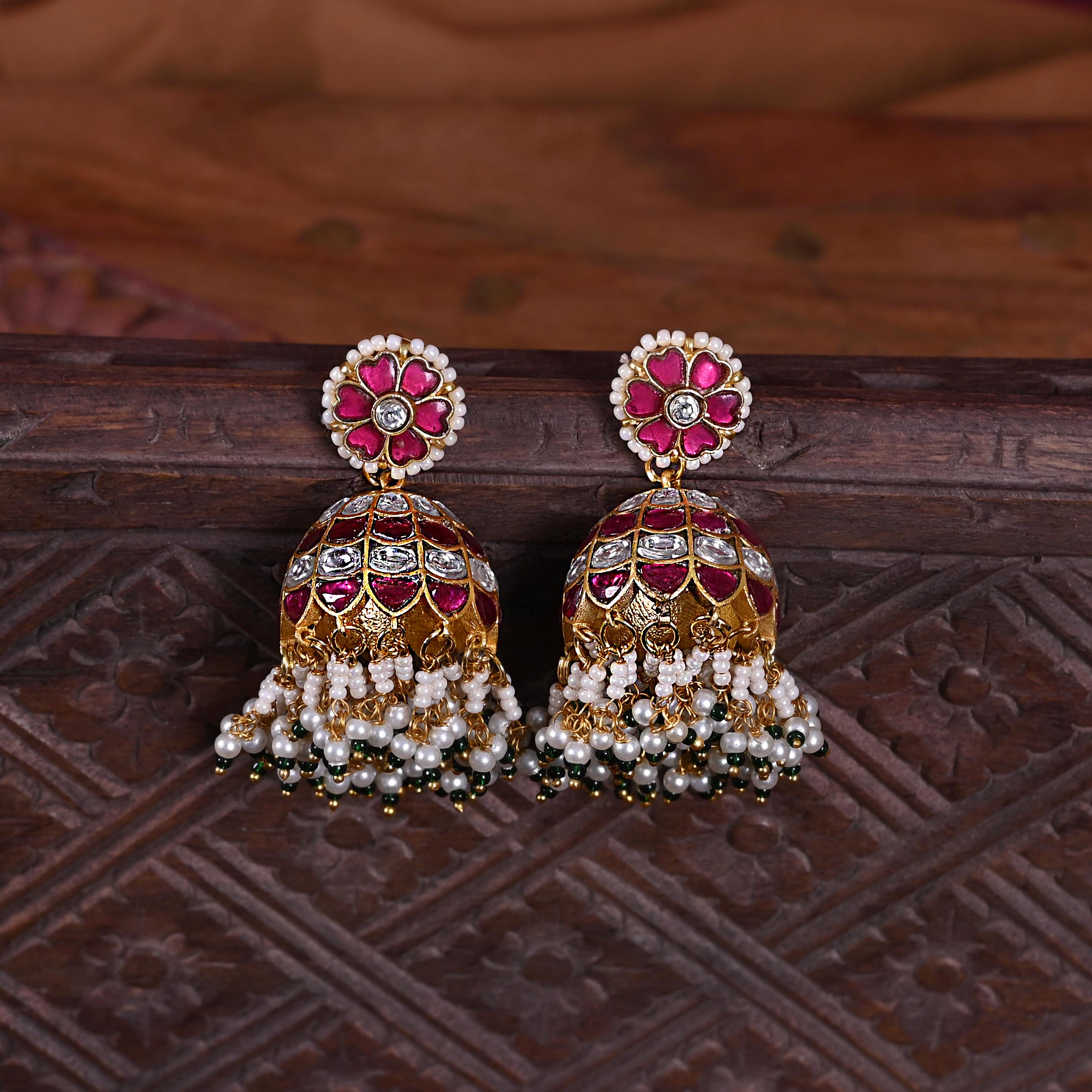SJE1116- Multi Colour Gold Plated Jadau Kundan Temple Jhumki Earrings