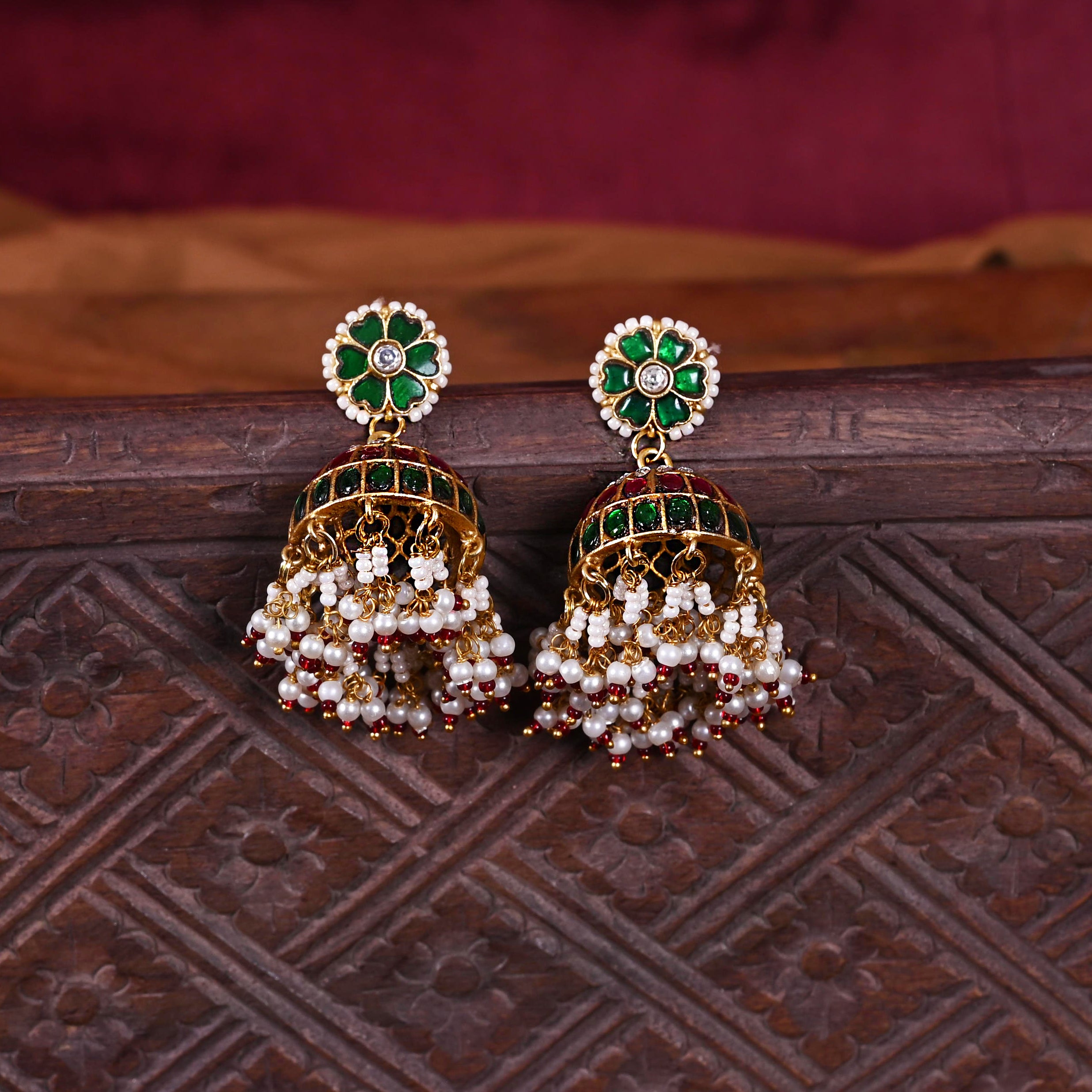 SJE1117- Multi Colour Gold Plated Jadau Kundan Temple Jhumki Earrings