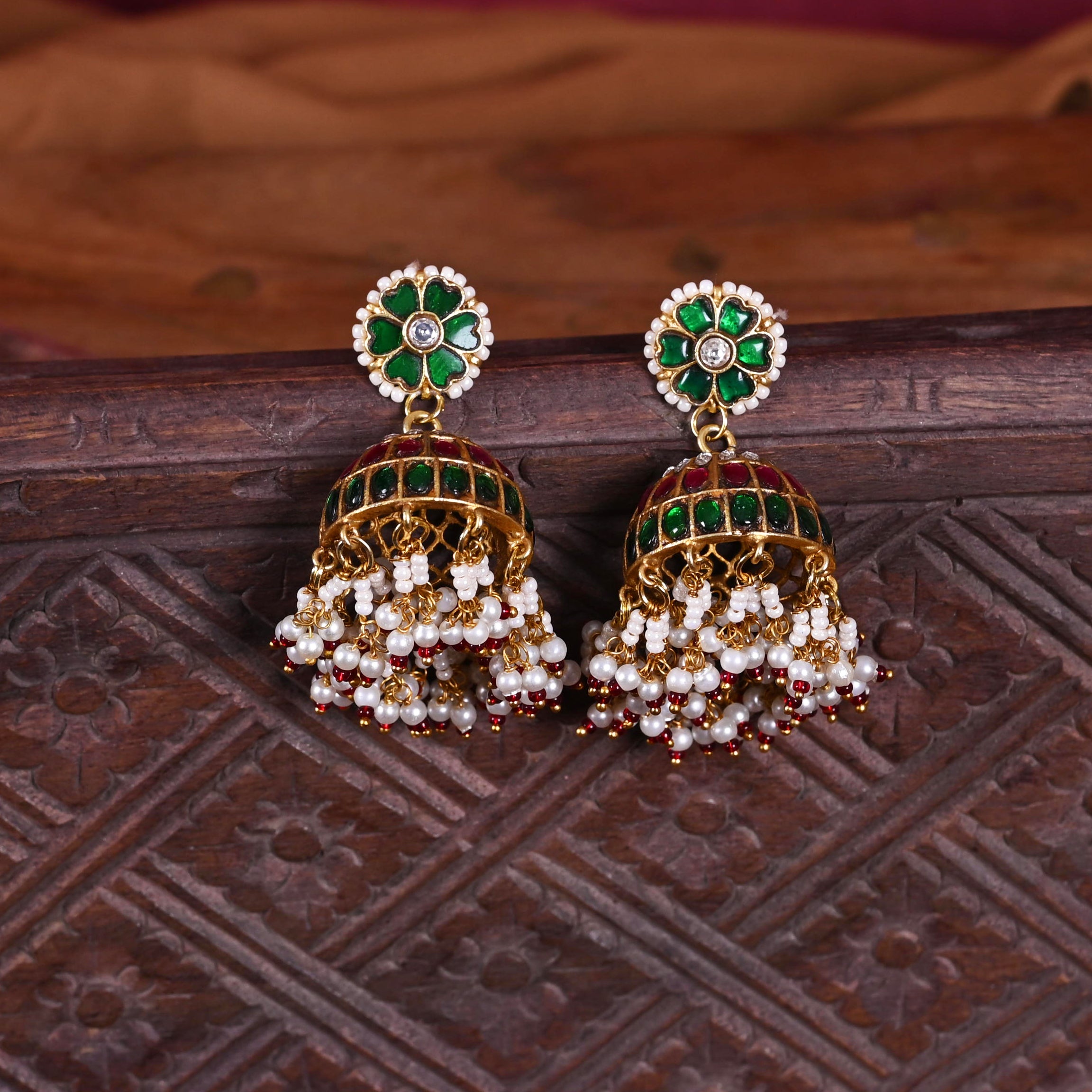 SJE1117- Multi Colour Gold Plated Jadau Kundan Temple Jhumki Earrings