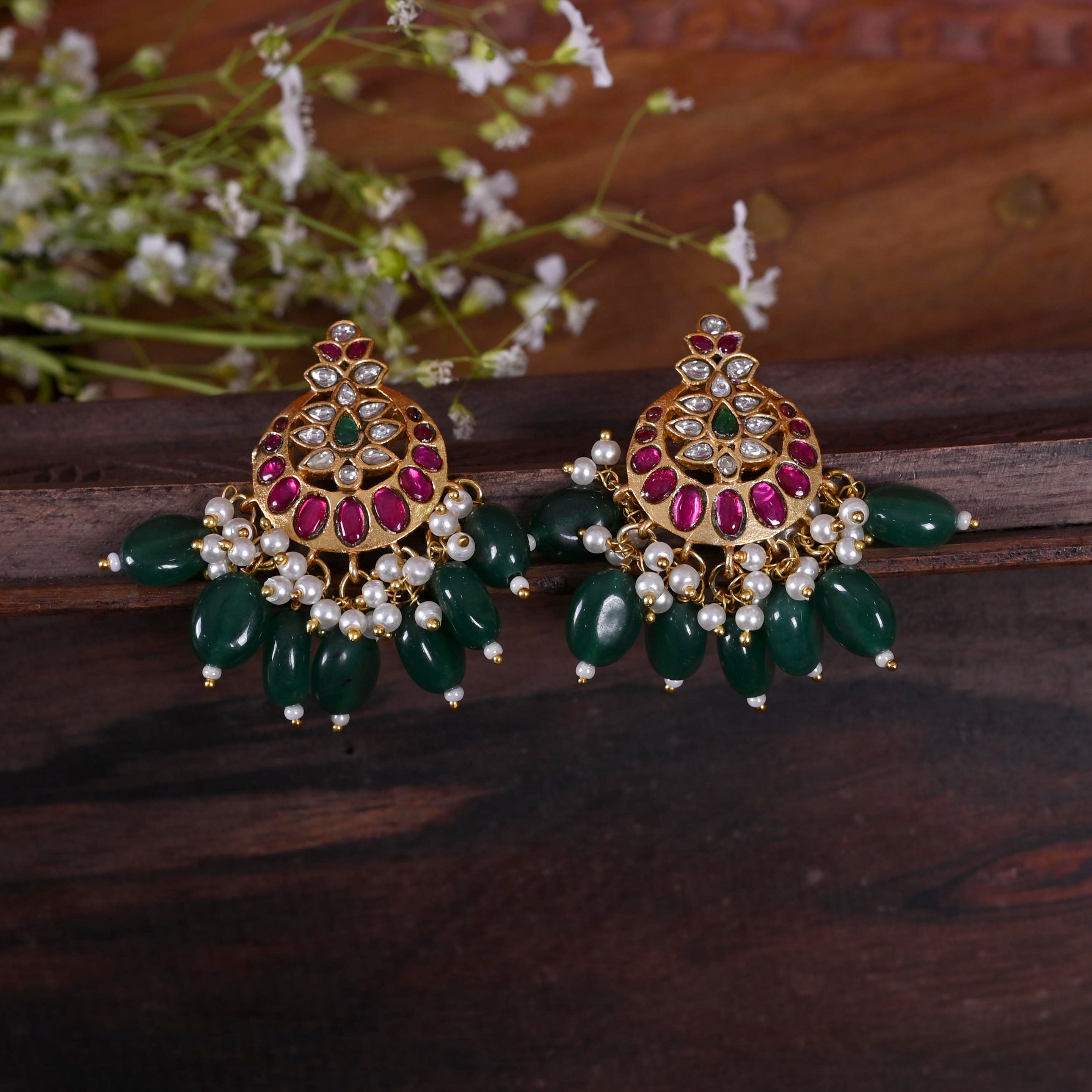 SJE1119- Multi Colour Gold Plated Jadau Kundan Temple Studs Earrings