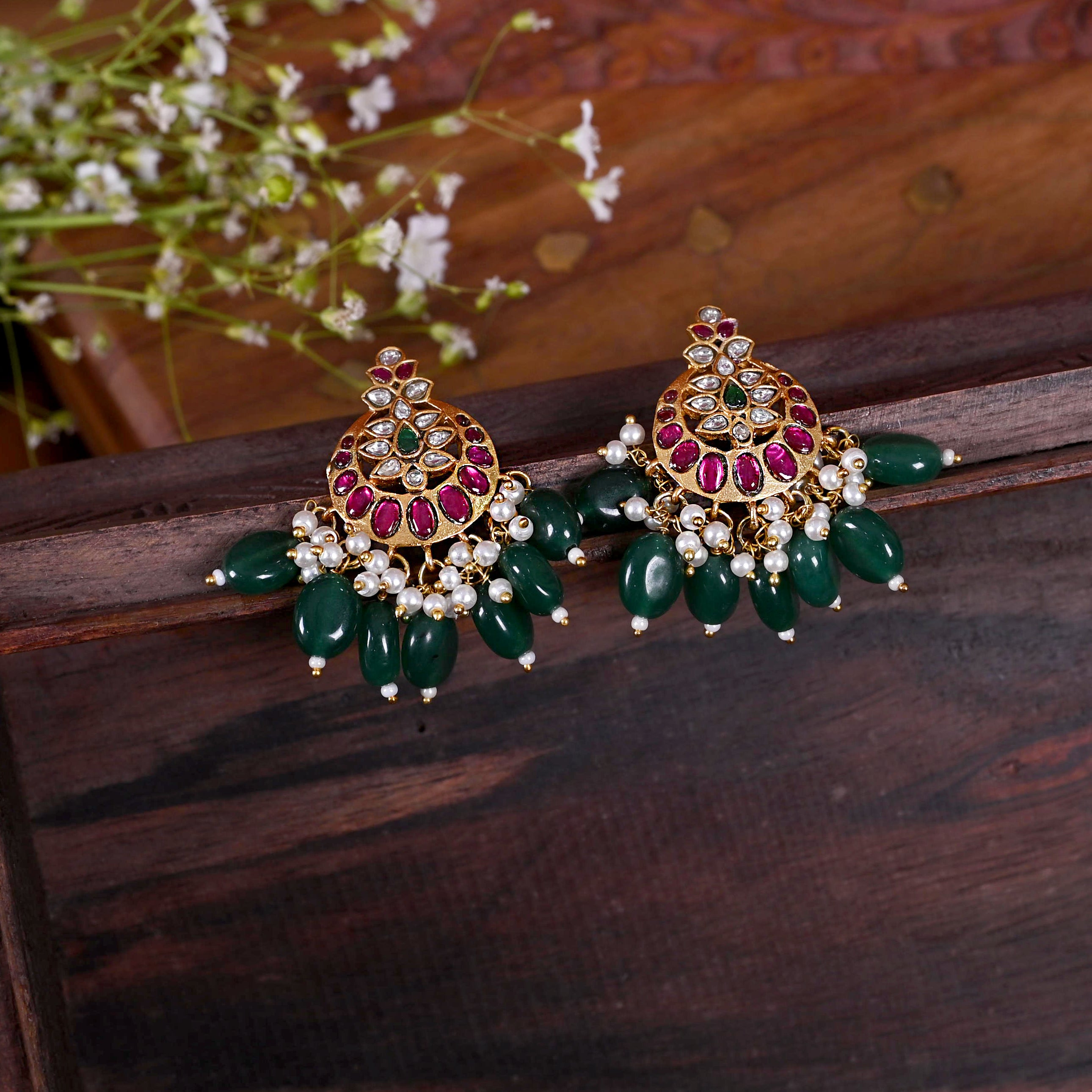 SJE1119- Multi Colour Gold Plated Jadau Kundan Temple Studs Earrings