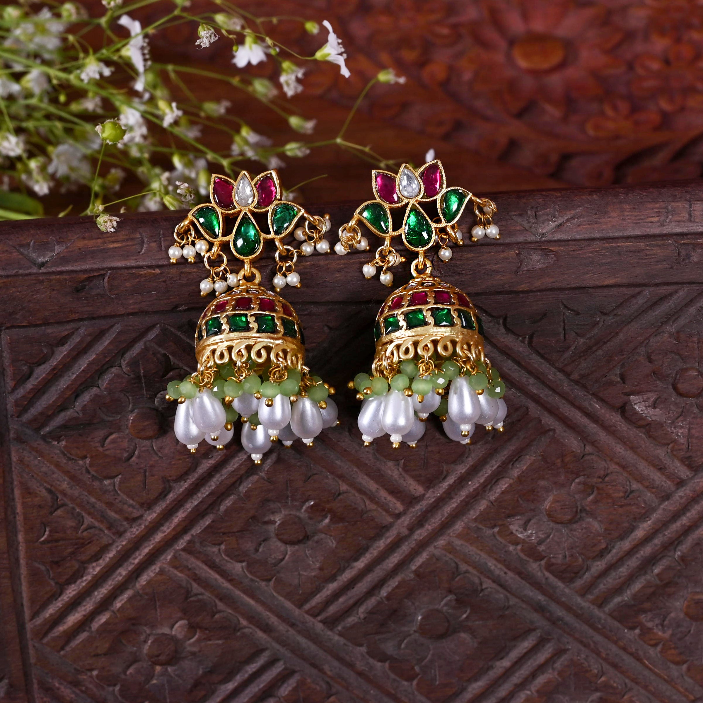 SJE1120- Multi Colour Gold Plated Jadau Kundan Temple Lotus Motif Jhumki Earrings