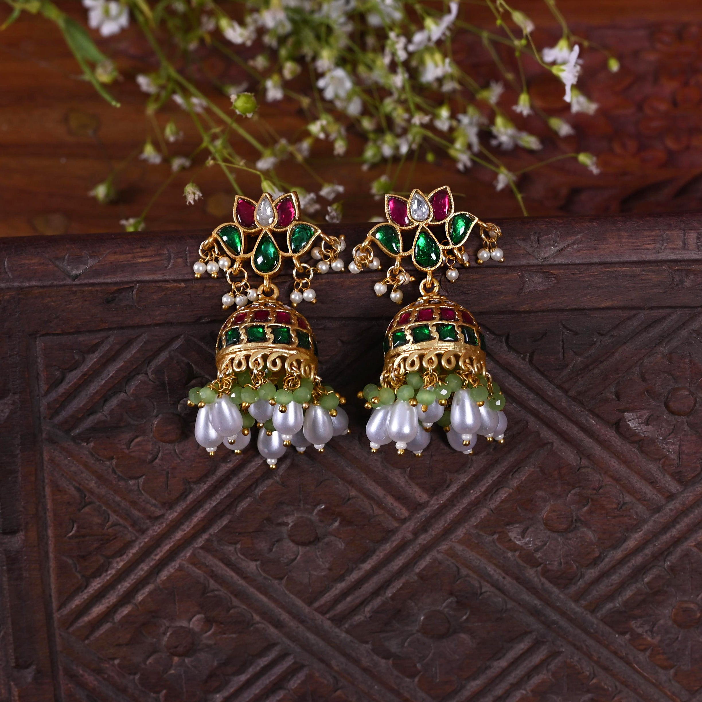SJE1120- Multi Colour Gold Plated Jadau Kundan Temple Lotus Motif Jhumki Earrings