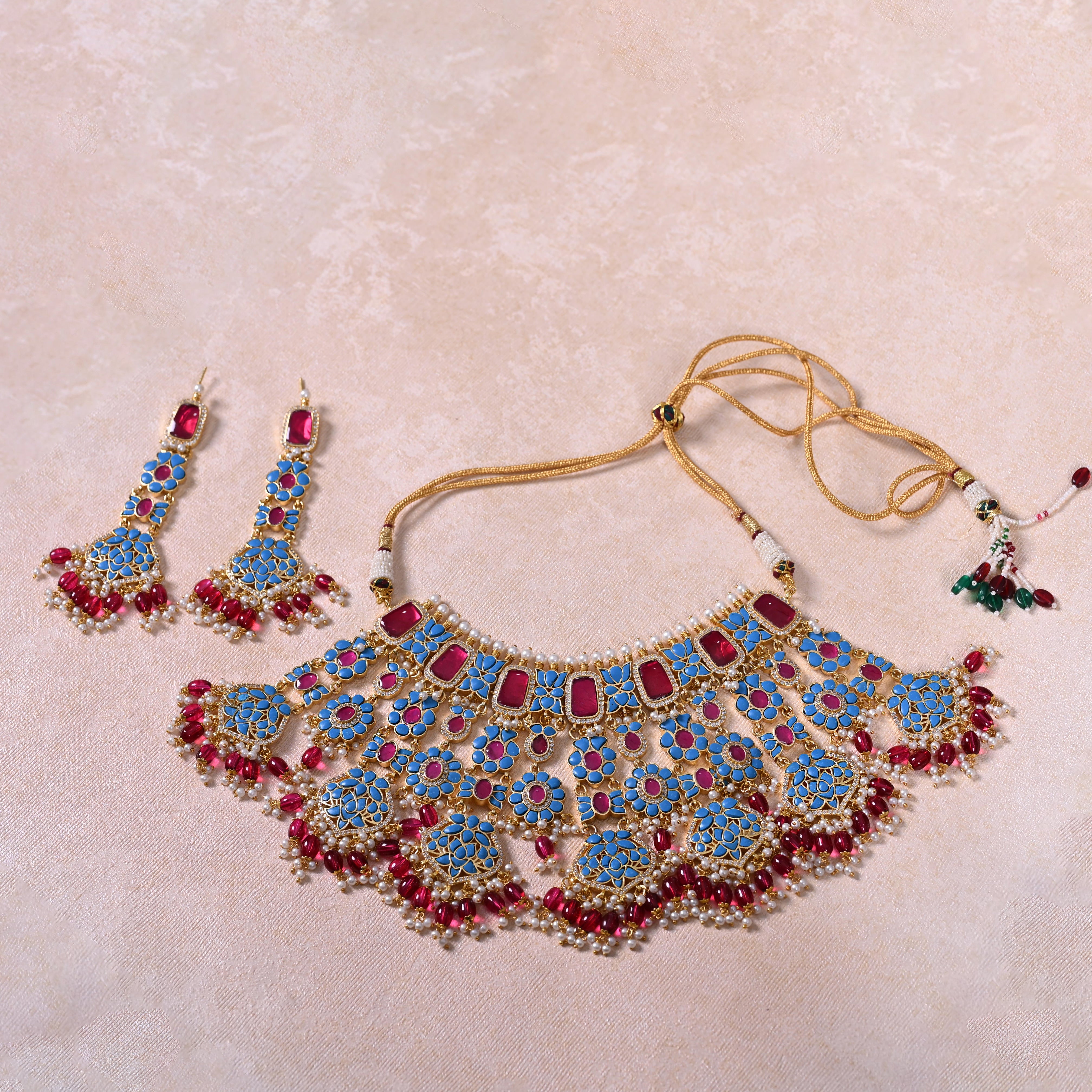 SJN1136- Firoza and red Colour Gold Plated Jadau Kundan Necklace with Earrings