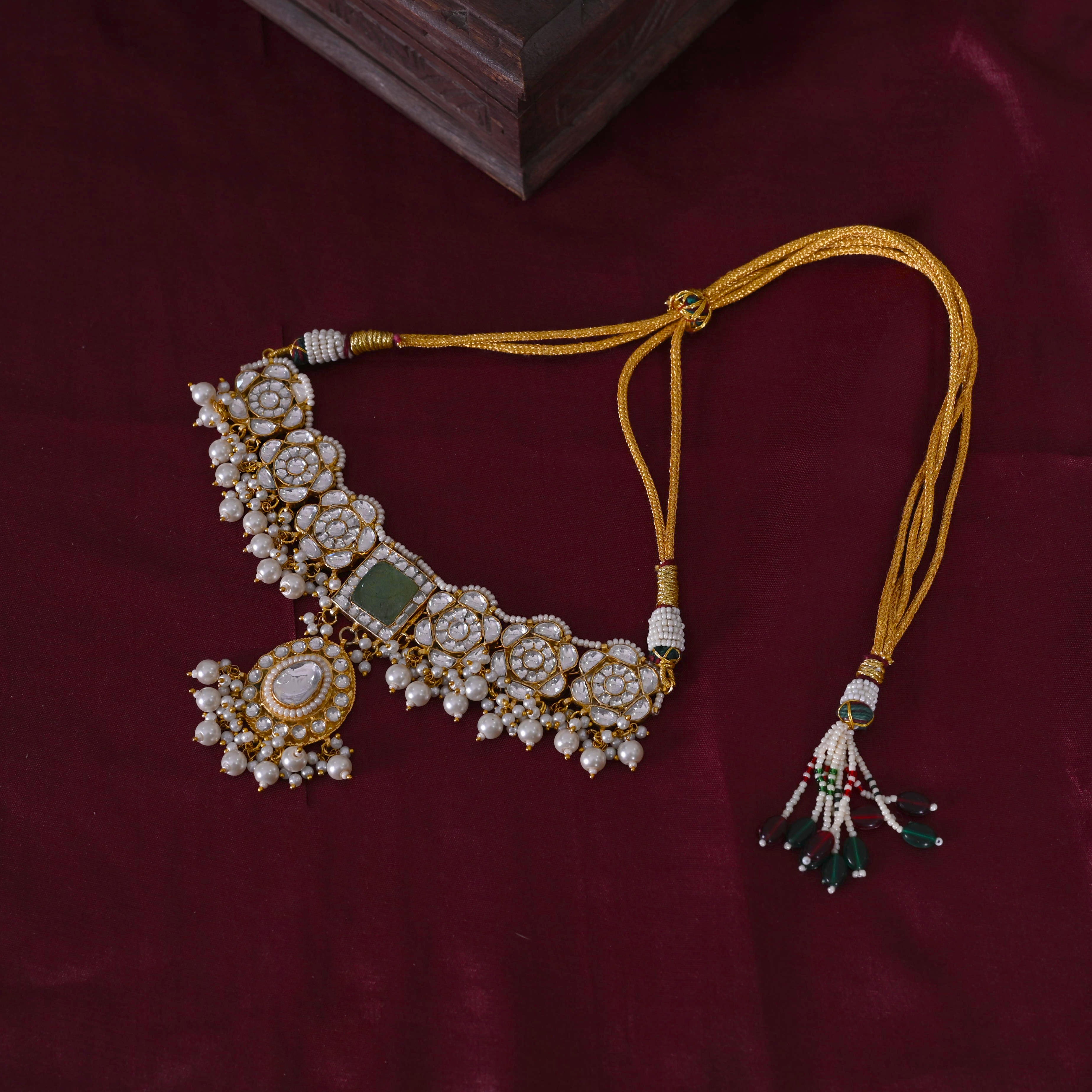 SJN1060- White and Mint Colour Gold Plated Jadau Kundan Choker with Earrings