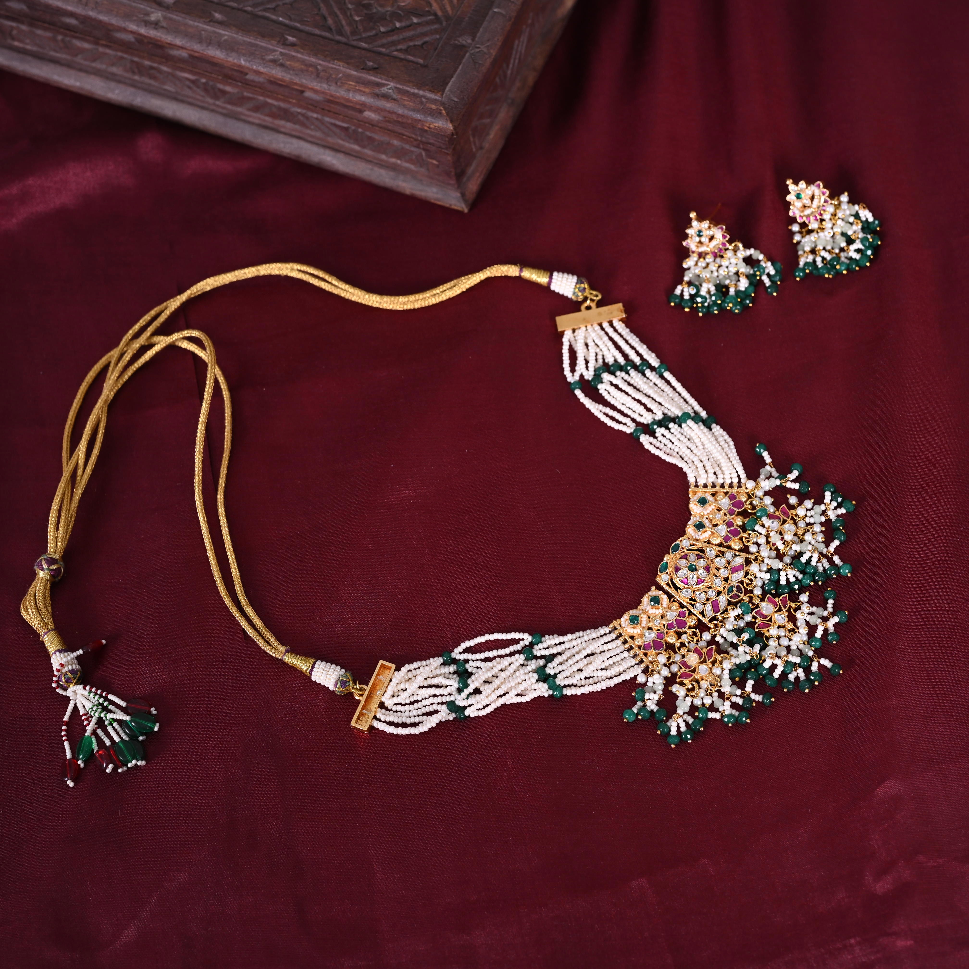 SJN1064- Multi Colour Gold Plated Jadau Kundan Choker with Earrings