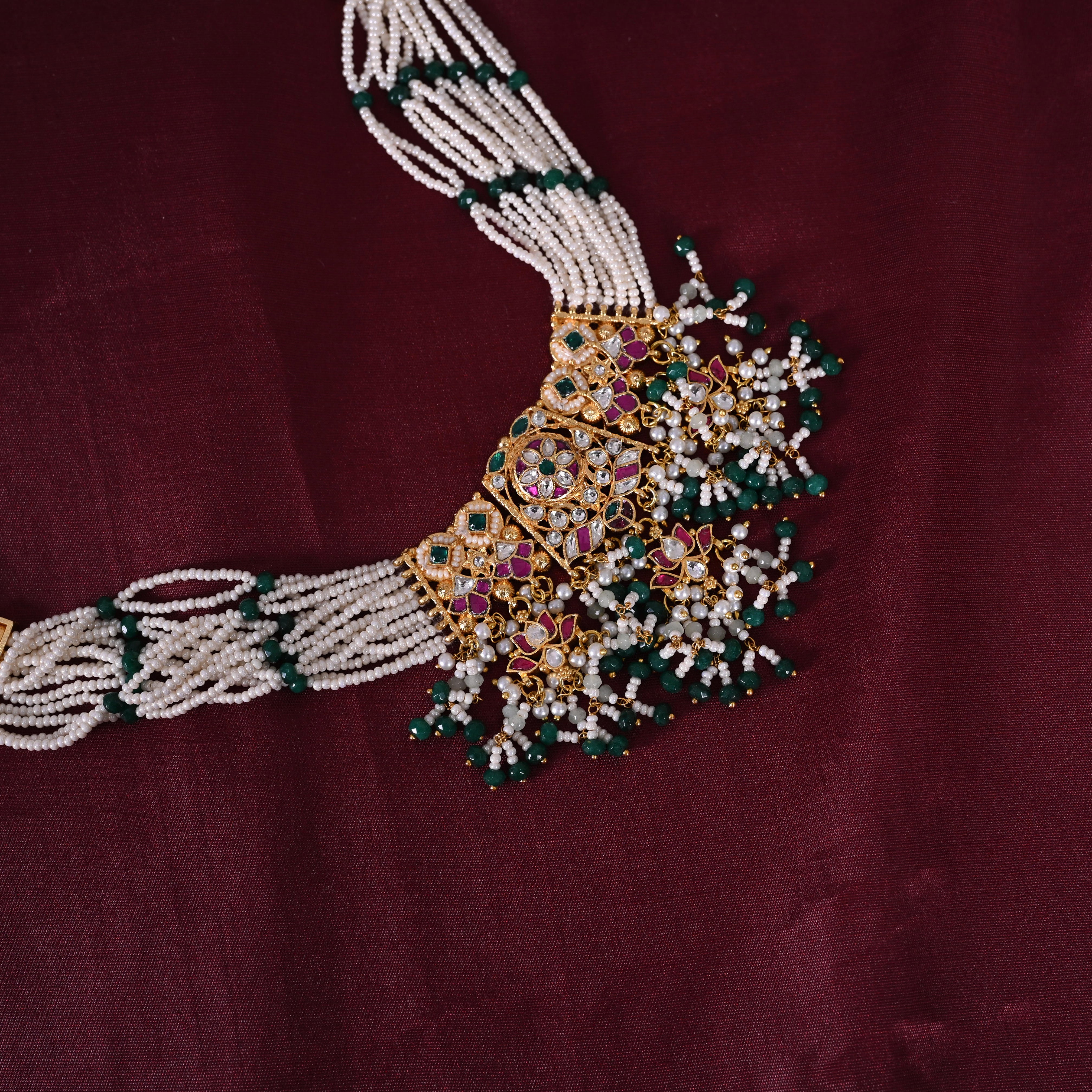 SJN1064- Multi Colour Gold Plated Jadau Kundan Choker with Earrings