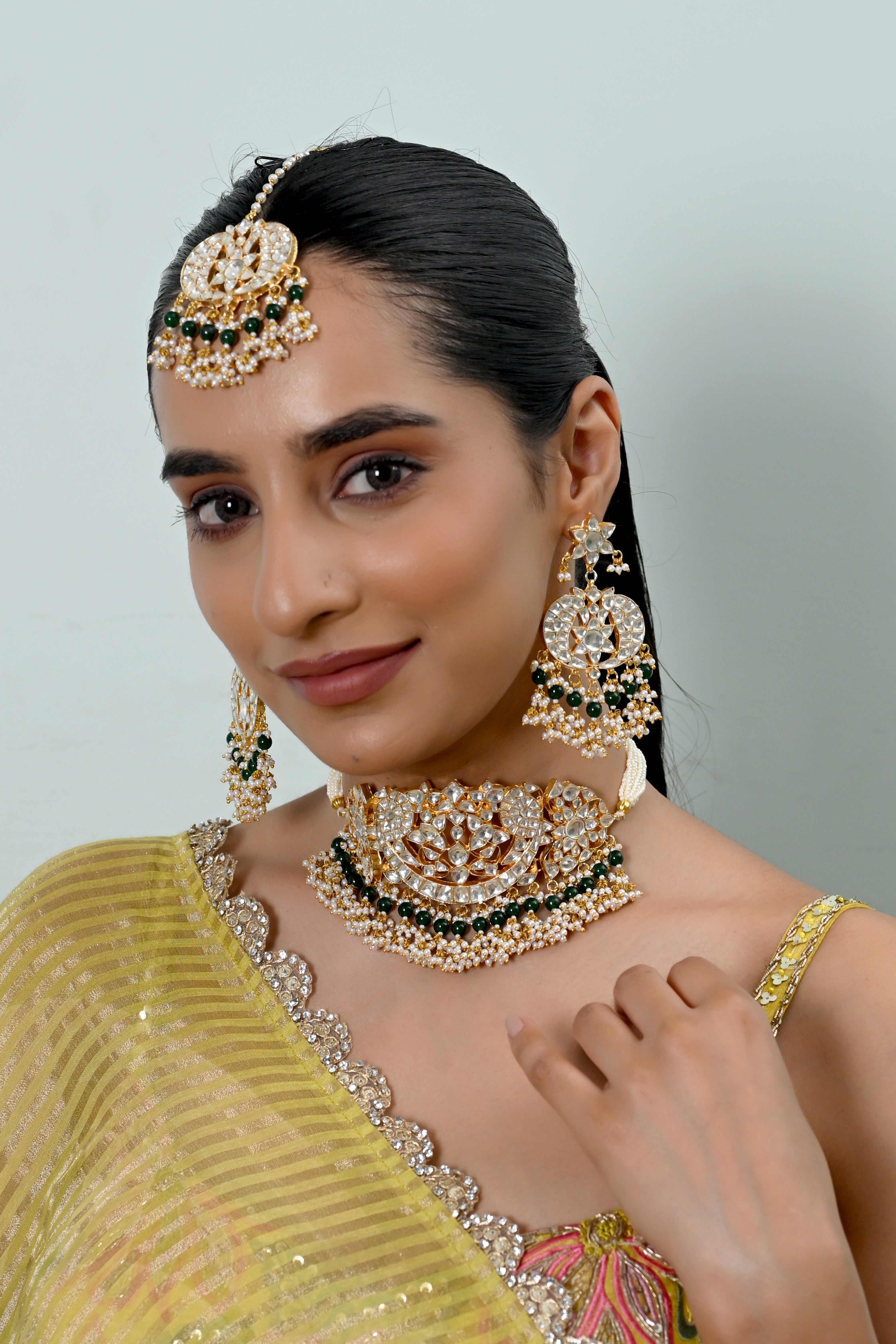 SJN1238- Green And White Colour Gold Plated Jadau Kundan Choker with Earrings