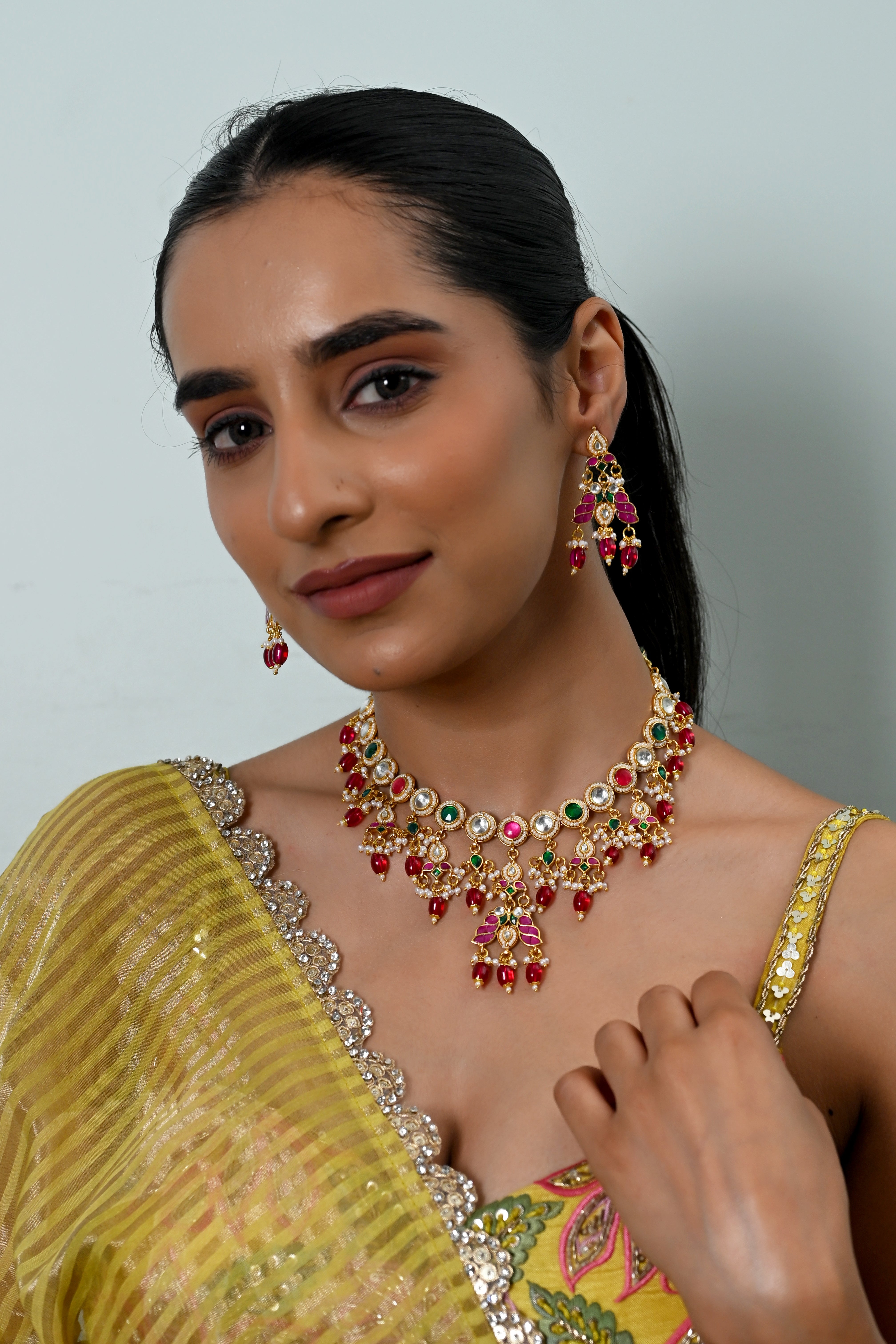 SJN1240- Multi Colour Gold Plated Jadau Kundan Necklace with Earrings