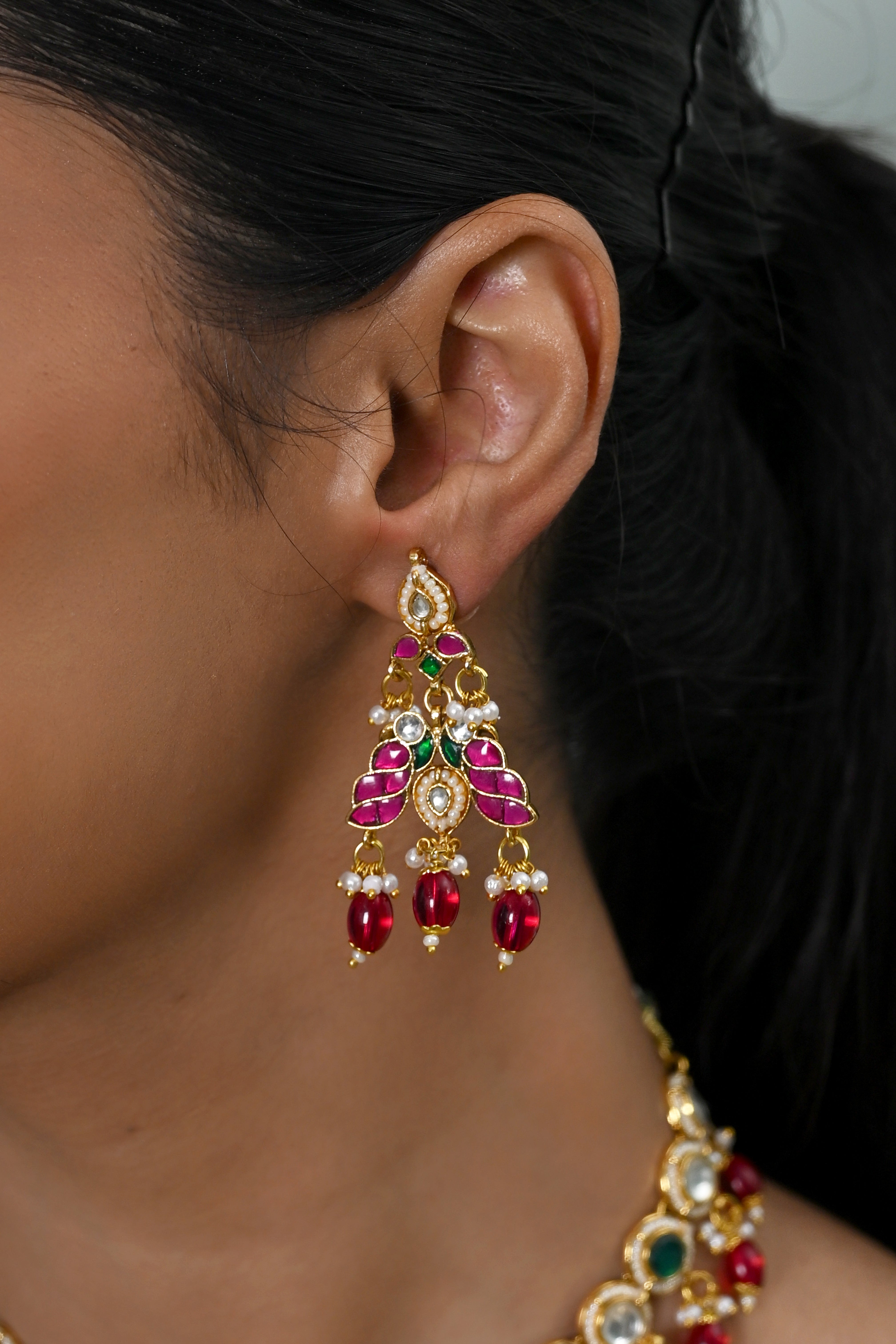 SJN1240- Multi Colour Gold Plated Jadau Kundan Necklace with Earrings