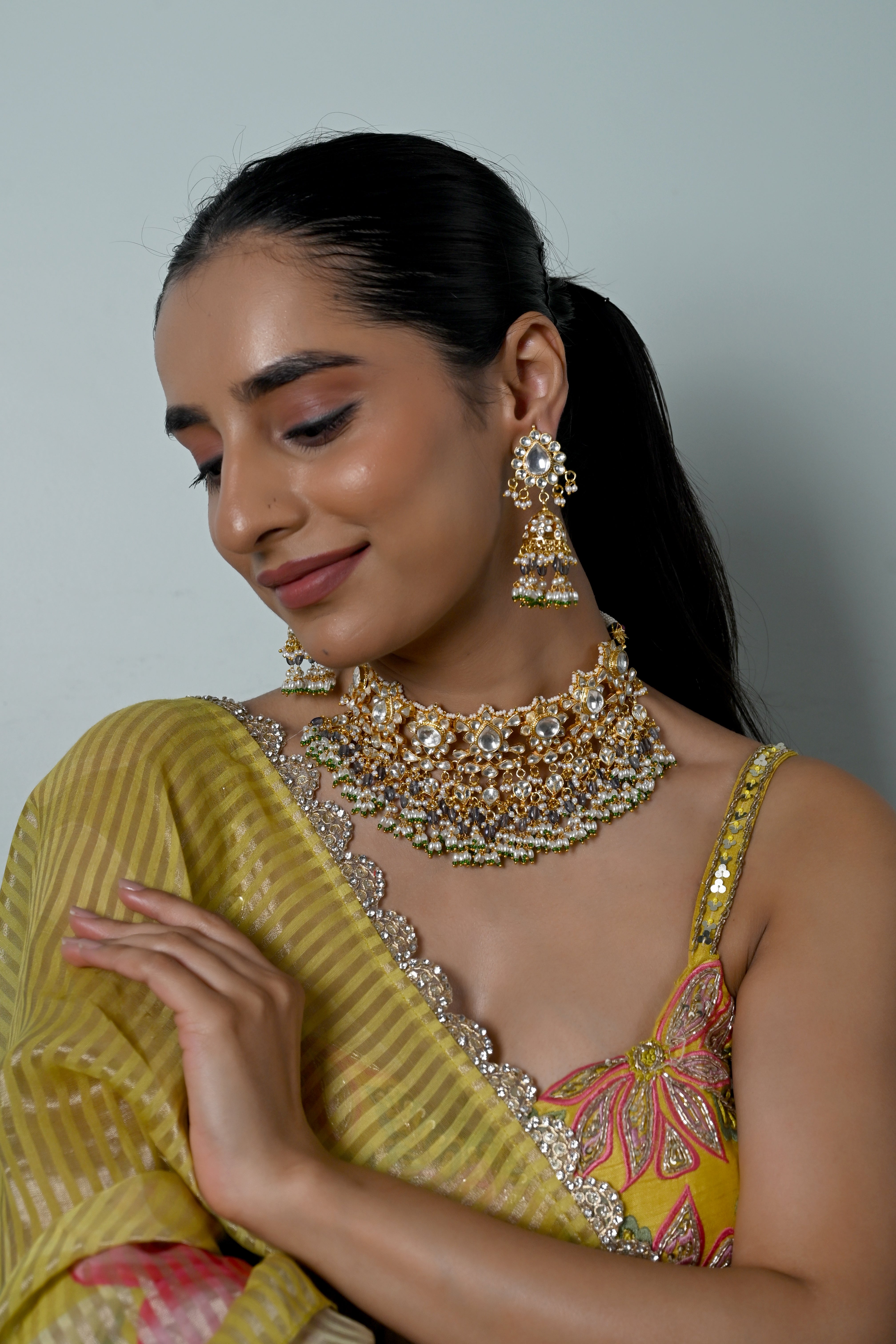 SJN1245- White Colour Gold Plated Jadau Kundan Necklace Set