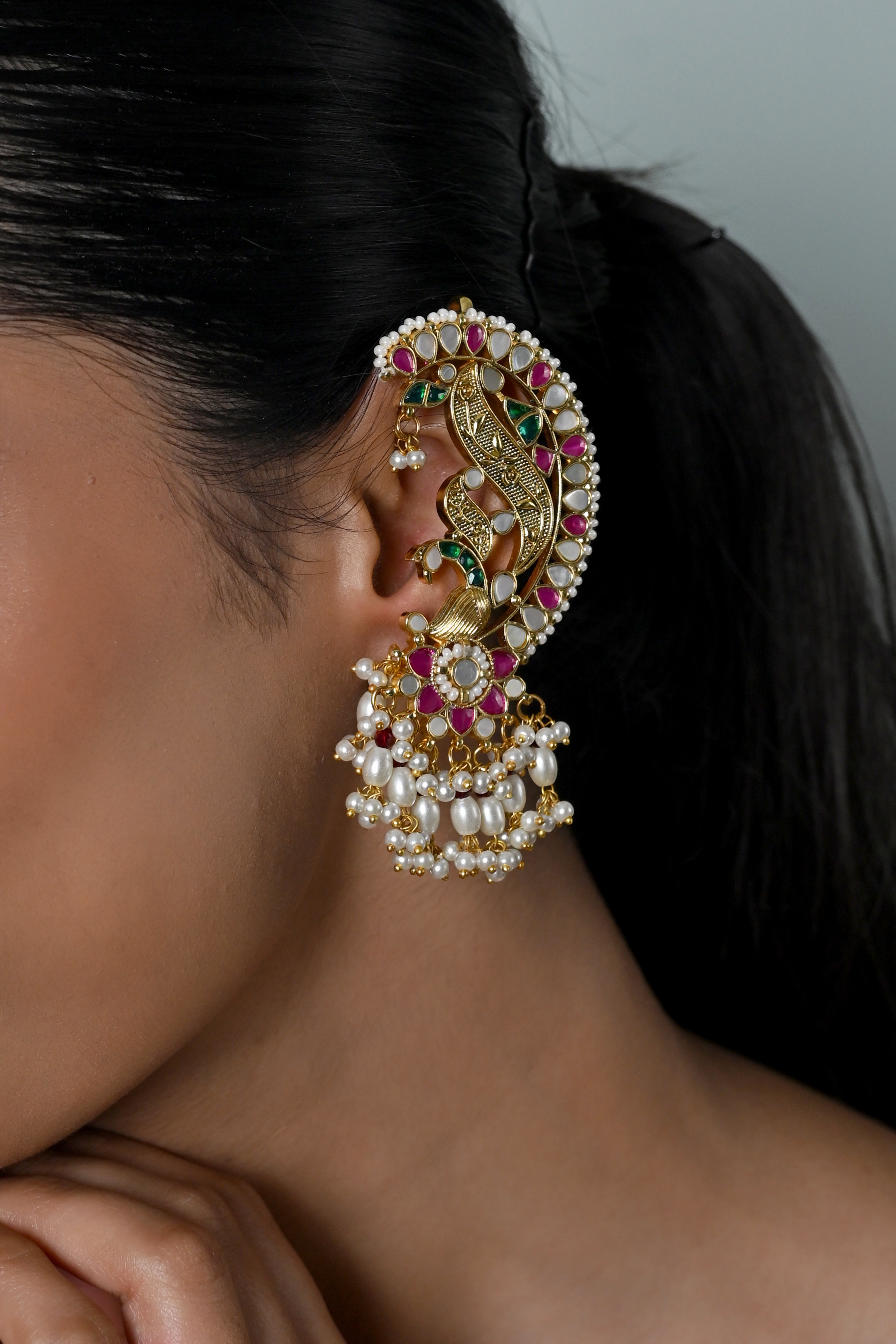 SJE1128- Multi Colour Gold Plated Jadau Kundan Ear Cuffs