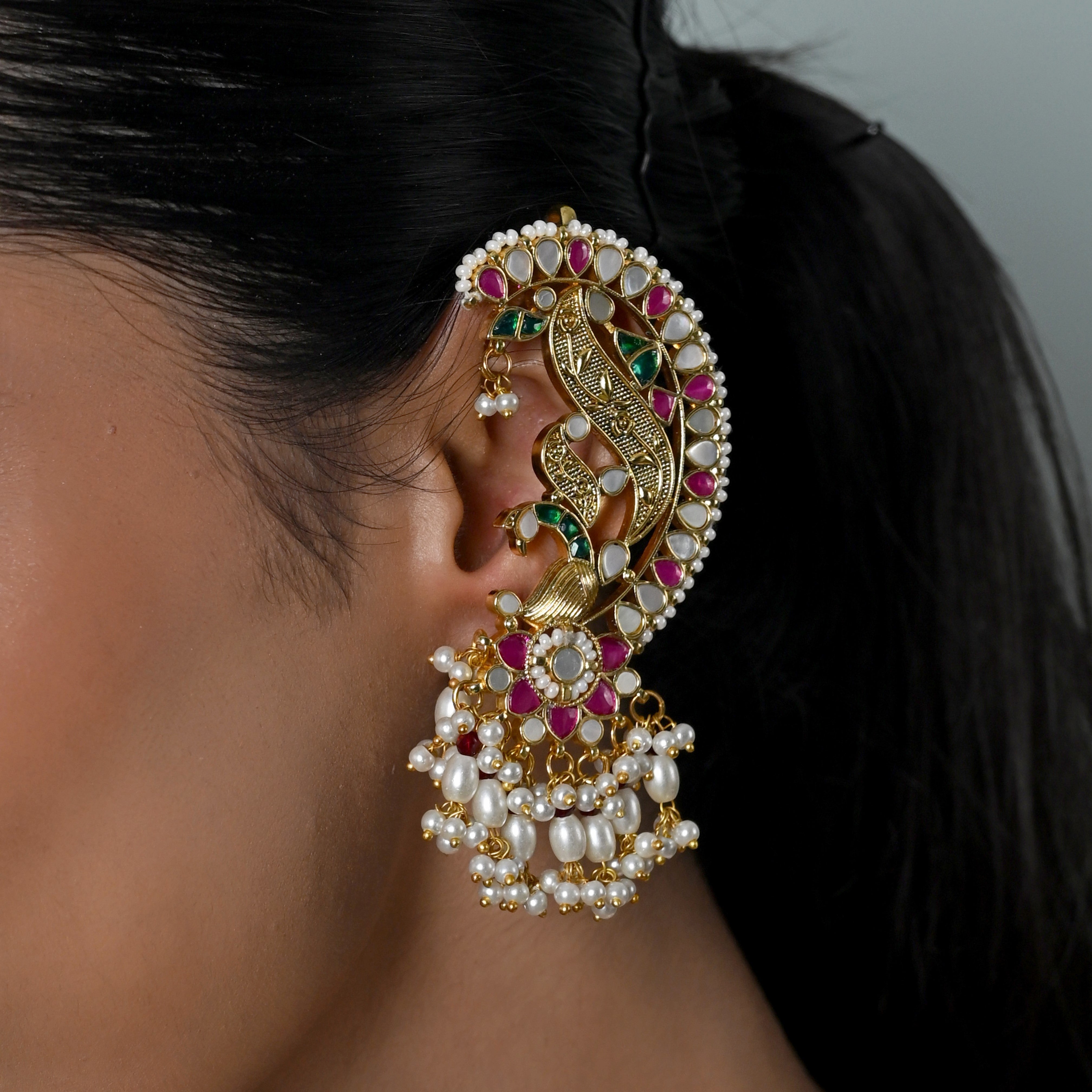SJE1128- Multi Colour Gold Plated Jadau Kundan Ear Cuffs