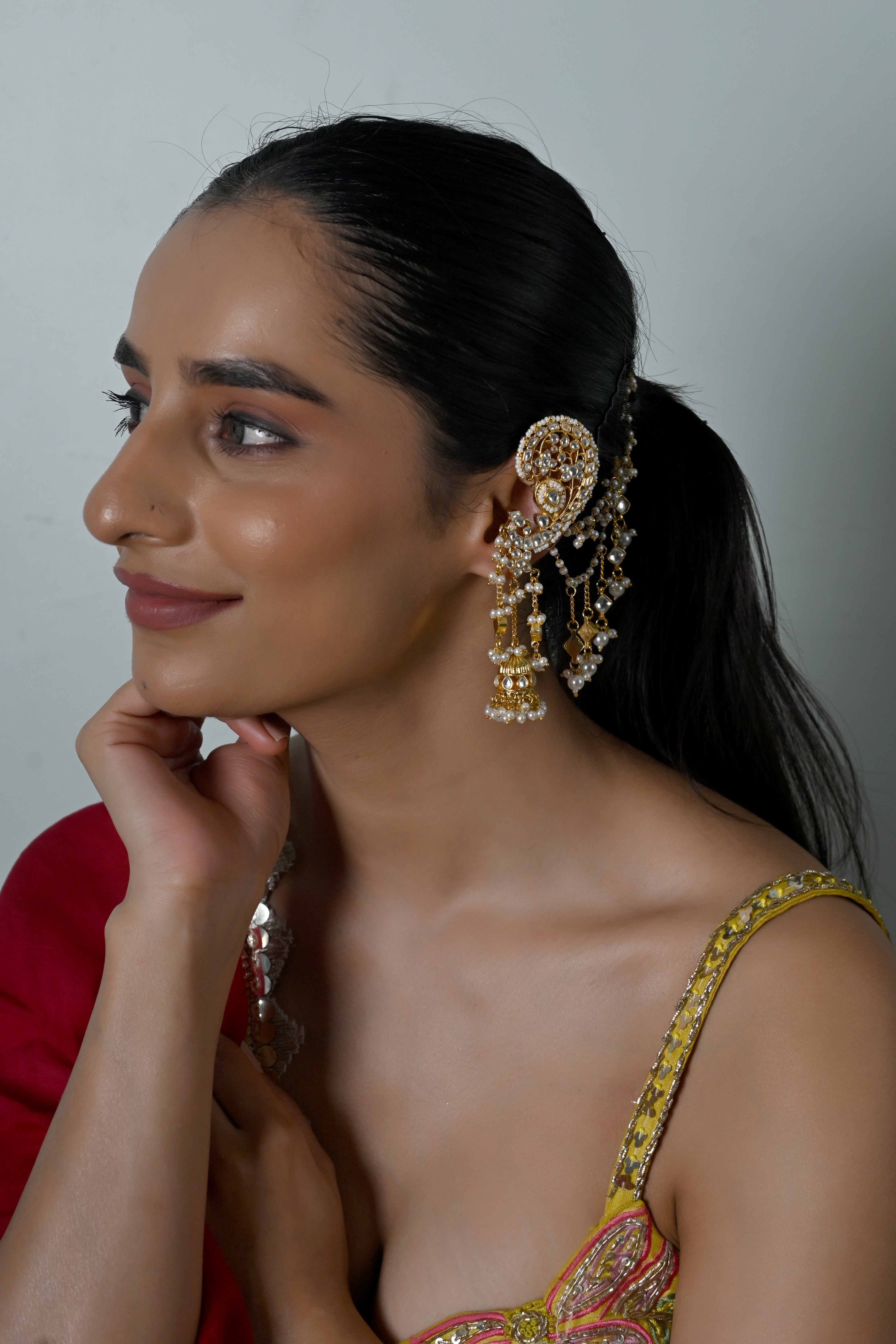 SJE1129- White Colour Gold Plated Jadau Kundan Ear Cuffs With Back Chain