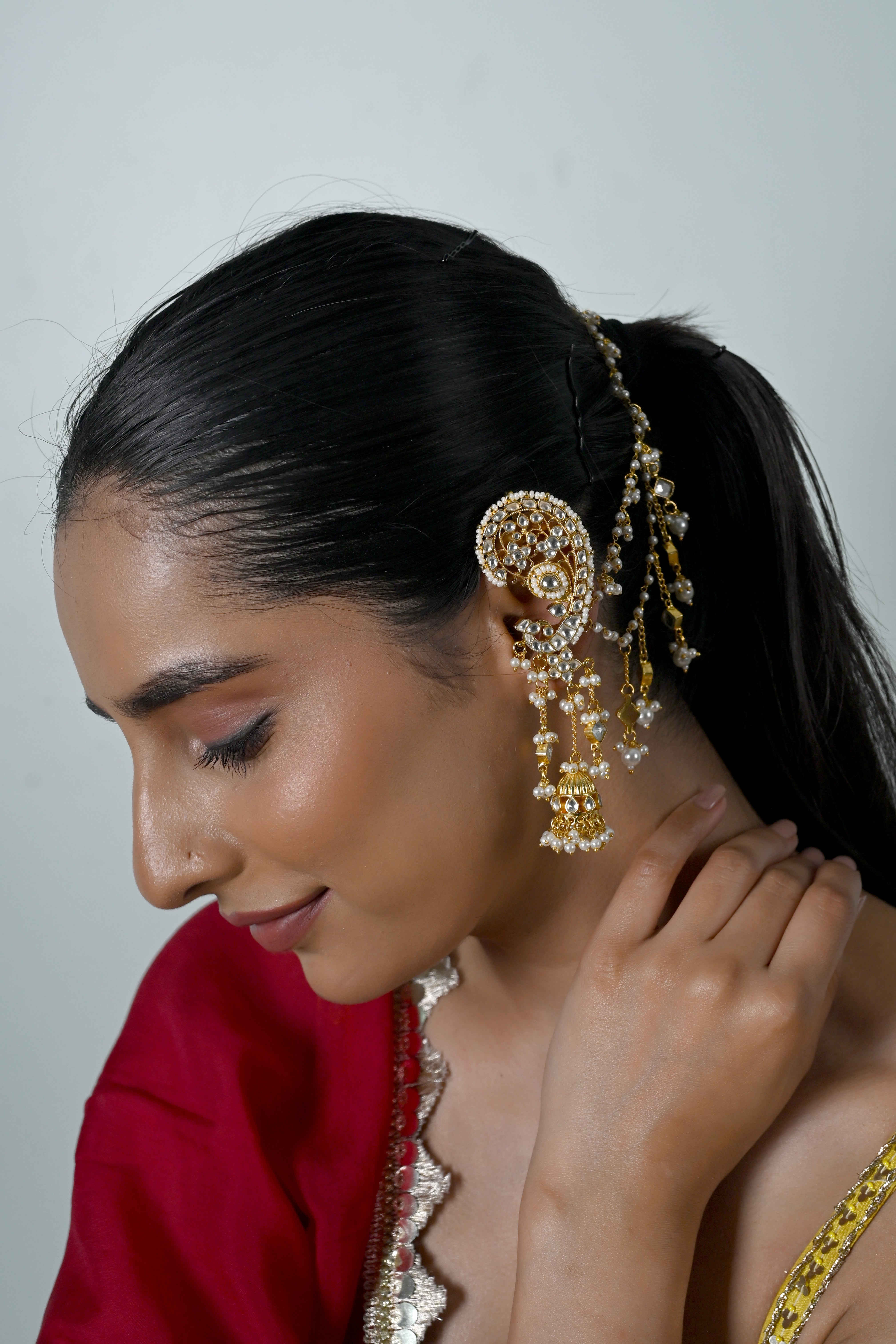 SJE1129- White Colour Gold Plated Jadau Kundan Ear Cuffs With Back Chain