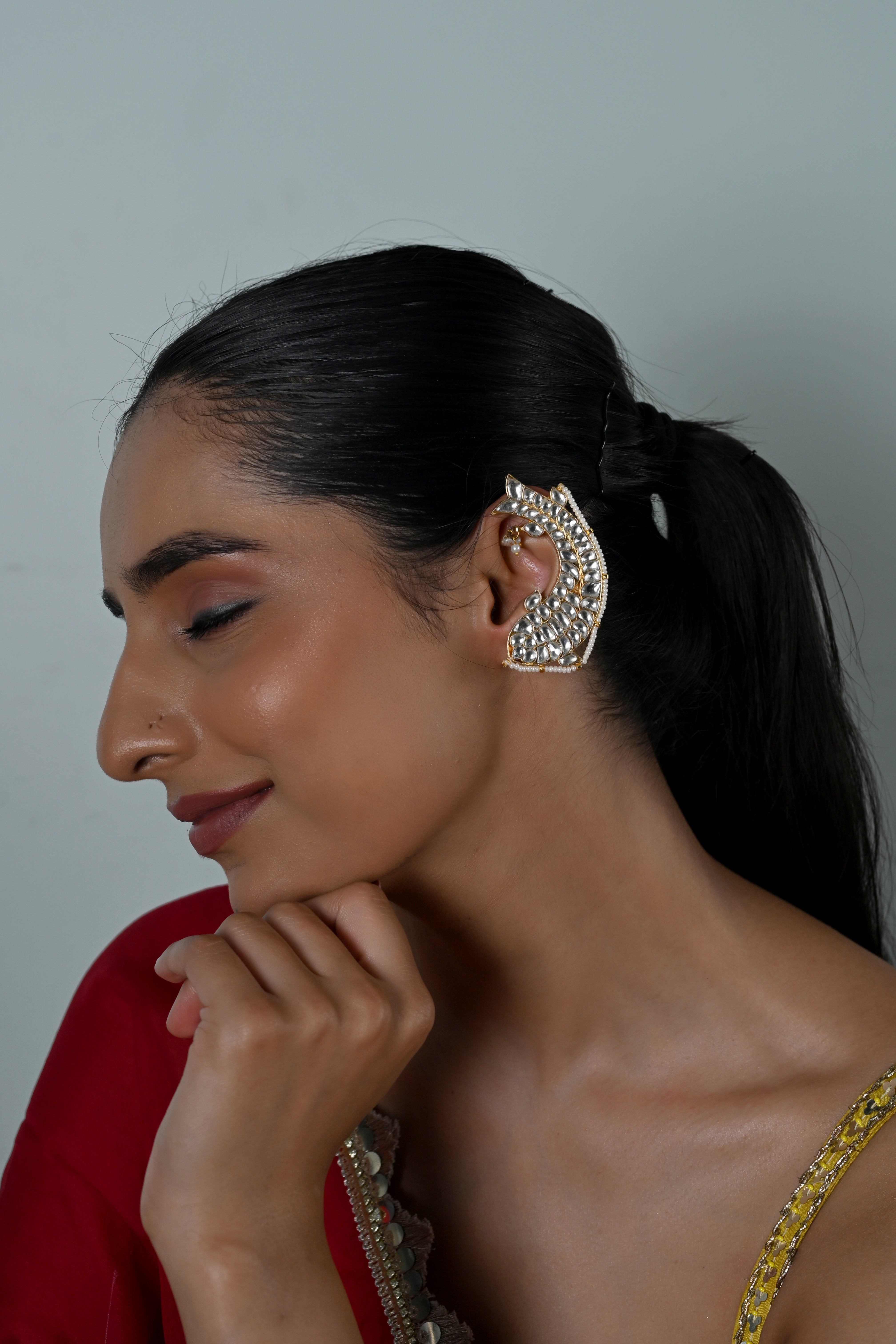 SJE1130- White Colour Gold Plated Jadau Kundan Fish Ear Cuffs
