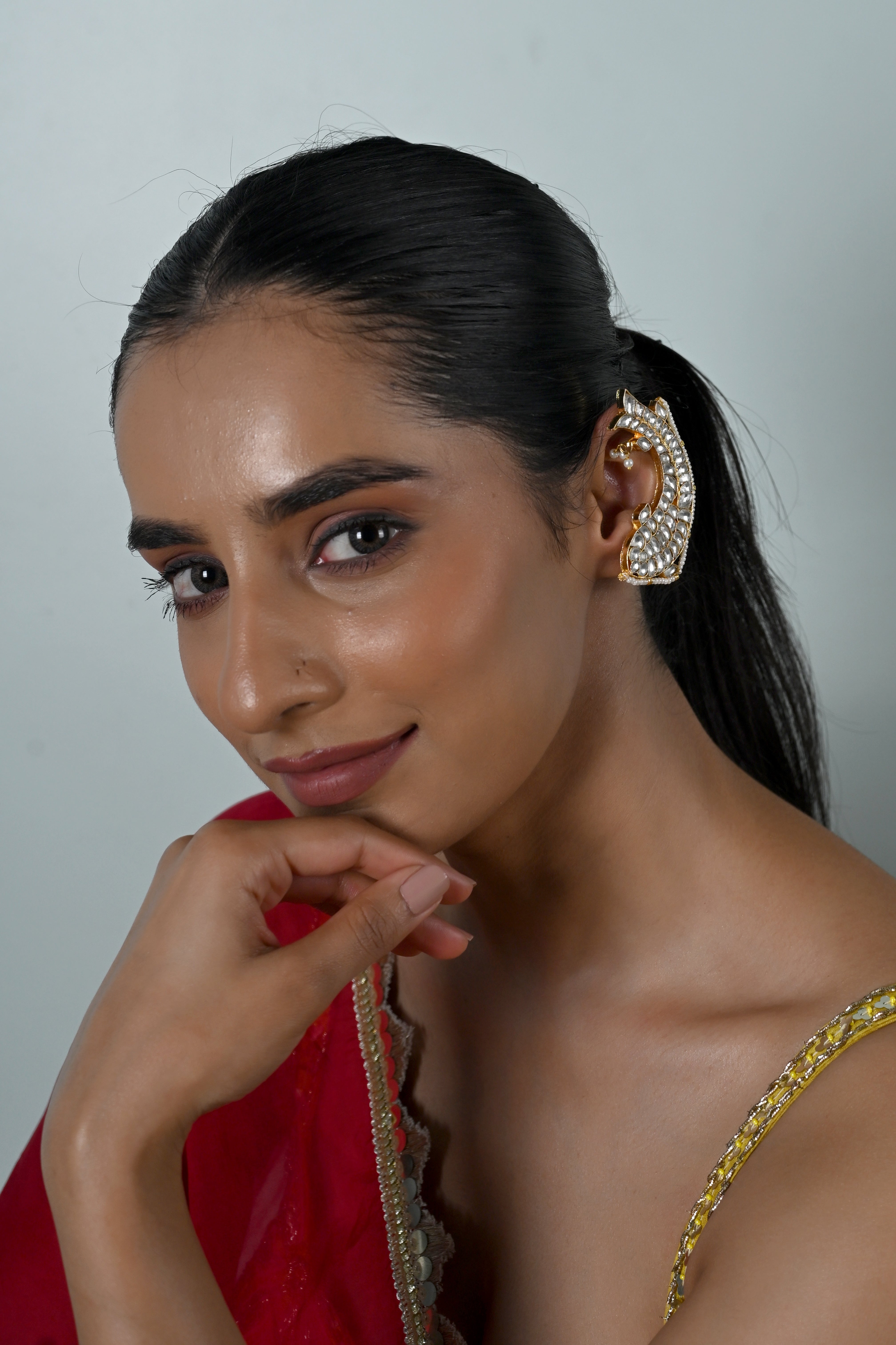 SJE1130- White Colour Gold Plated Jadau Kundan Fish Ear Cuffs