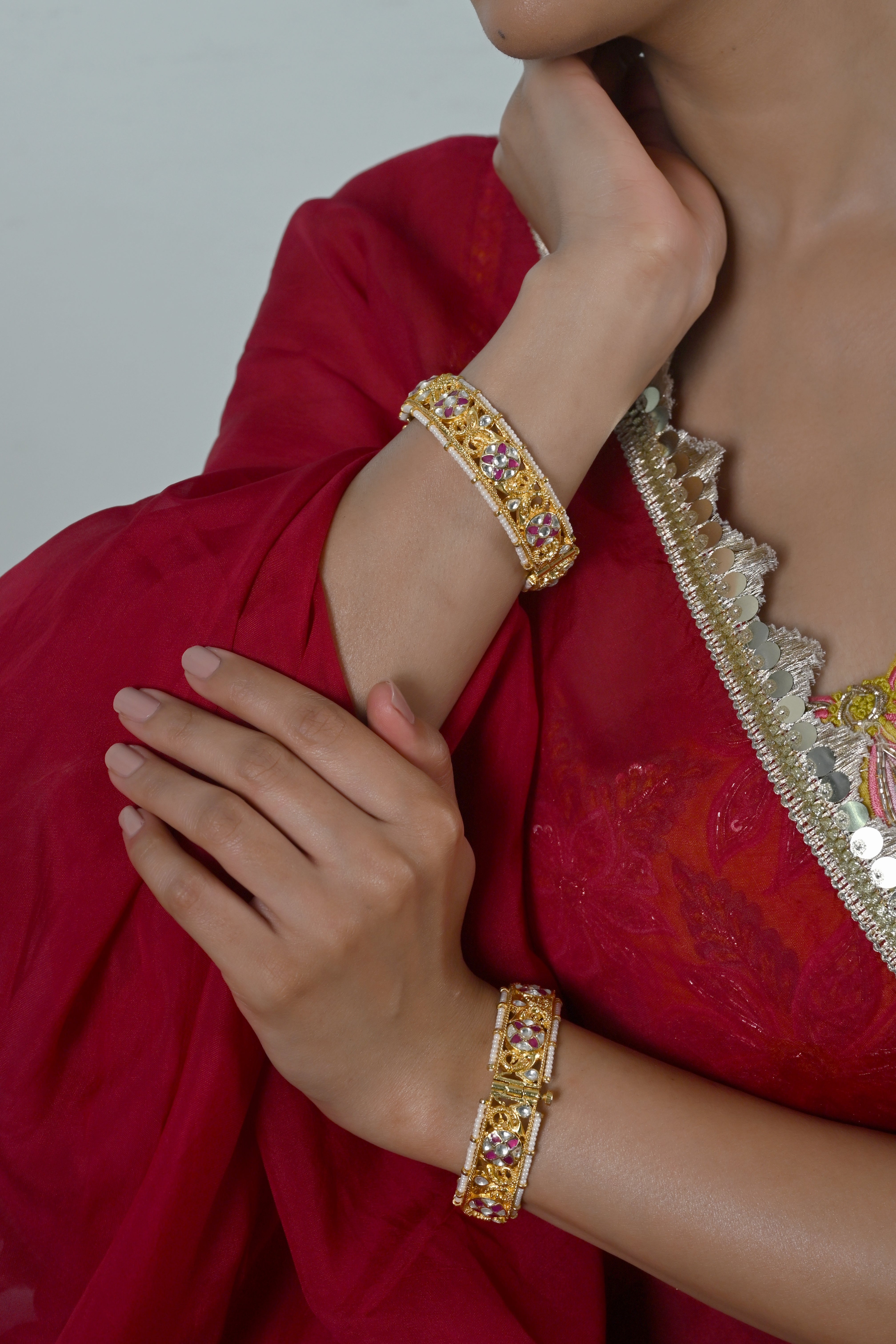 SJB1041- Pink And White Colour Gold Plated Jadau Kundan Bangle