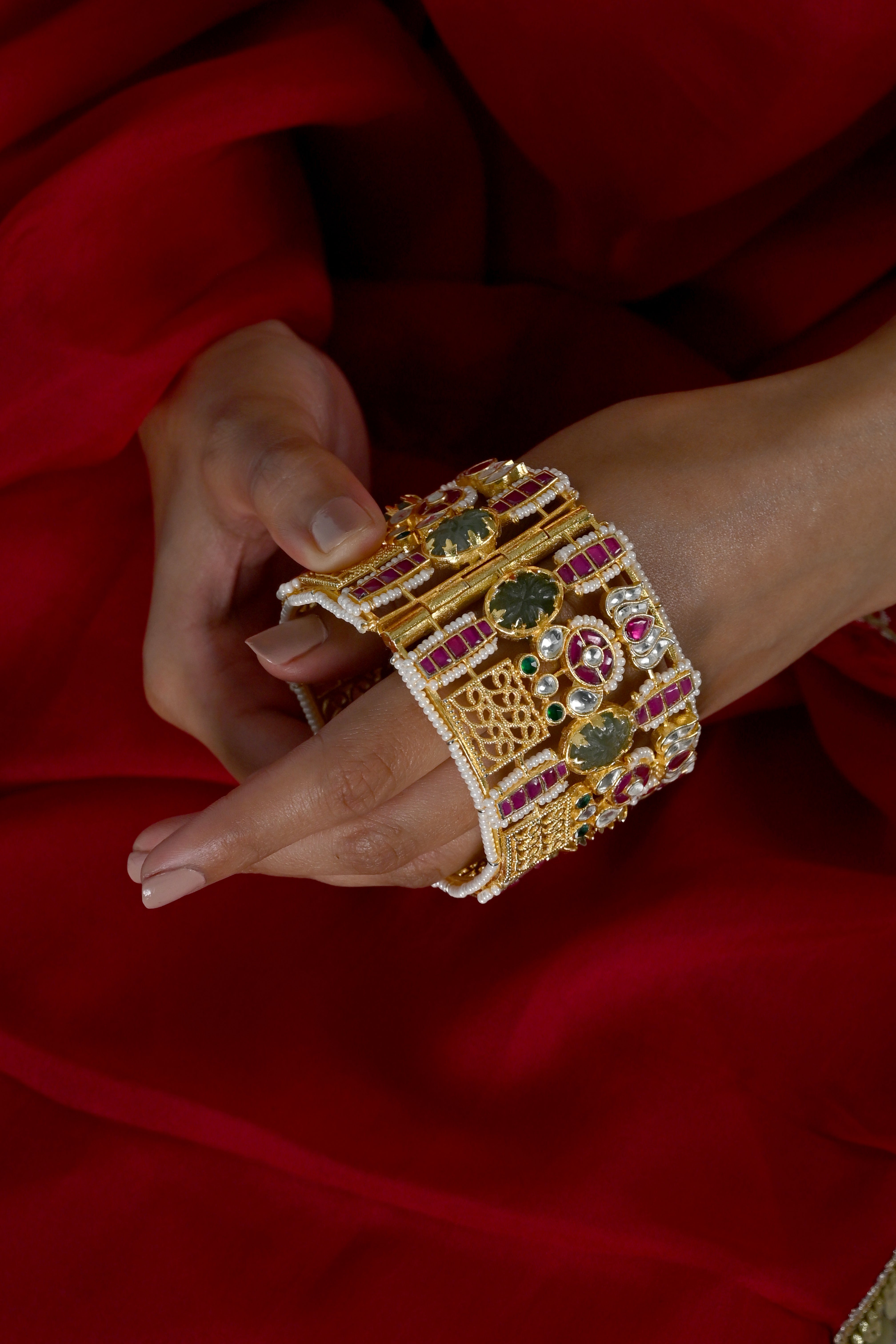 SJB1032- Multicolour Gold Plated Jadau Kundan Cuff Style Bangle