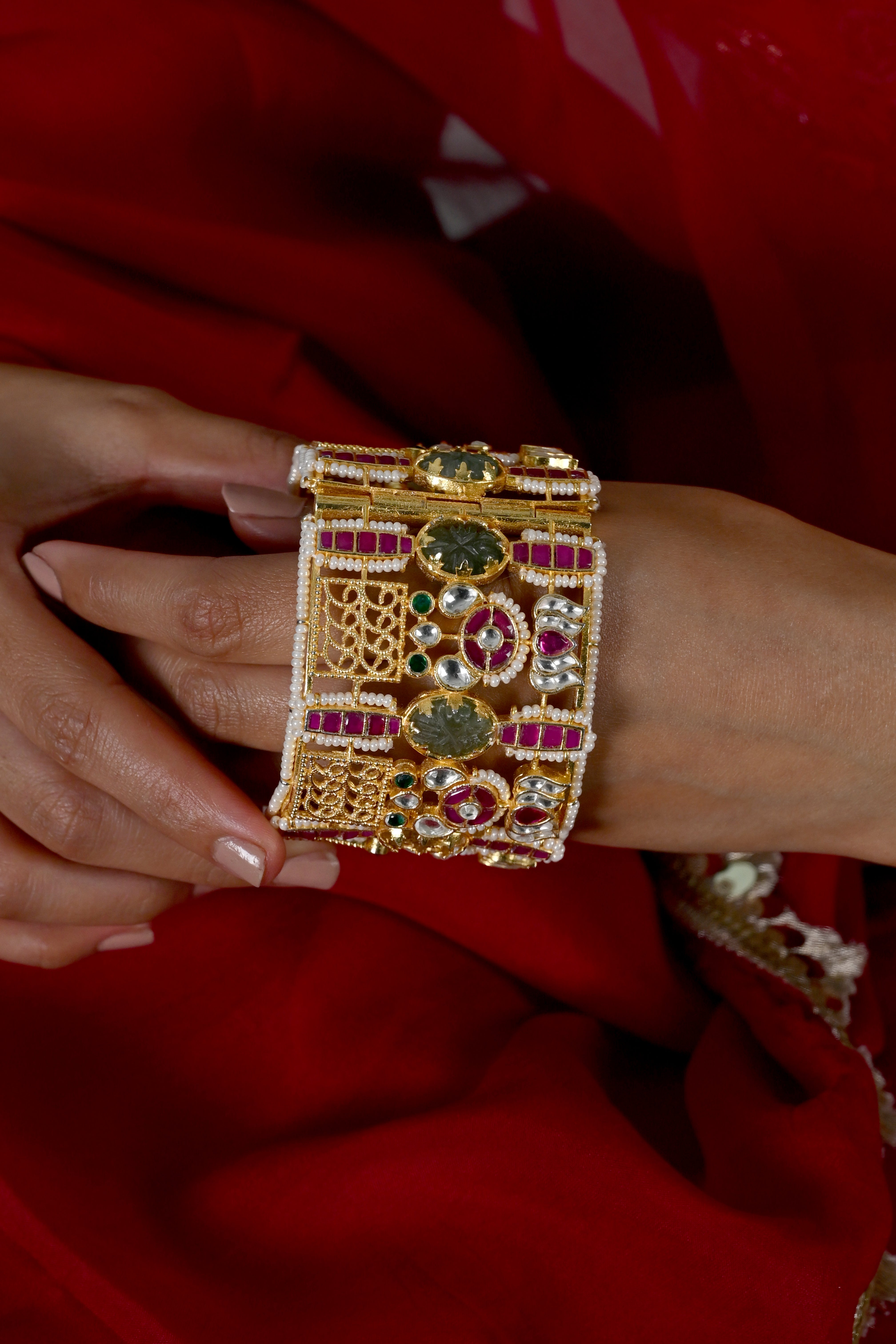 SJB1032- Multicolour Gold Plated Jadau Kundan Cuff Style Bangle