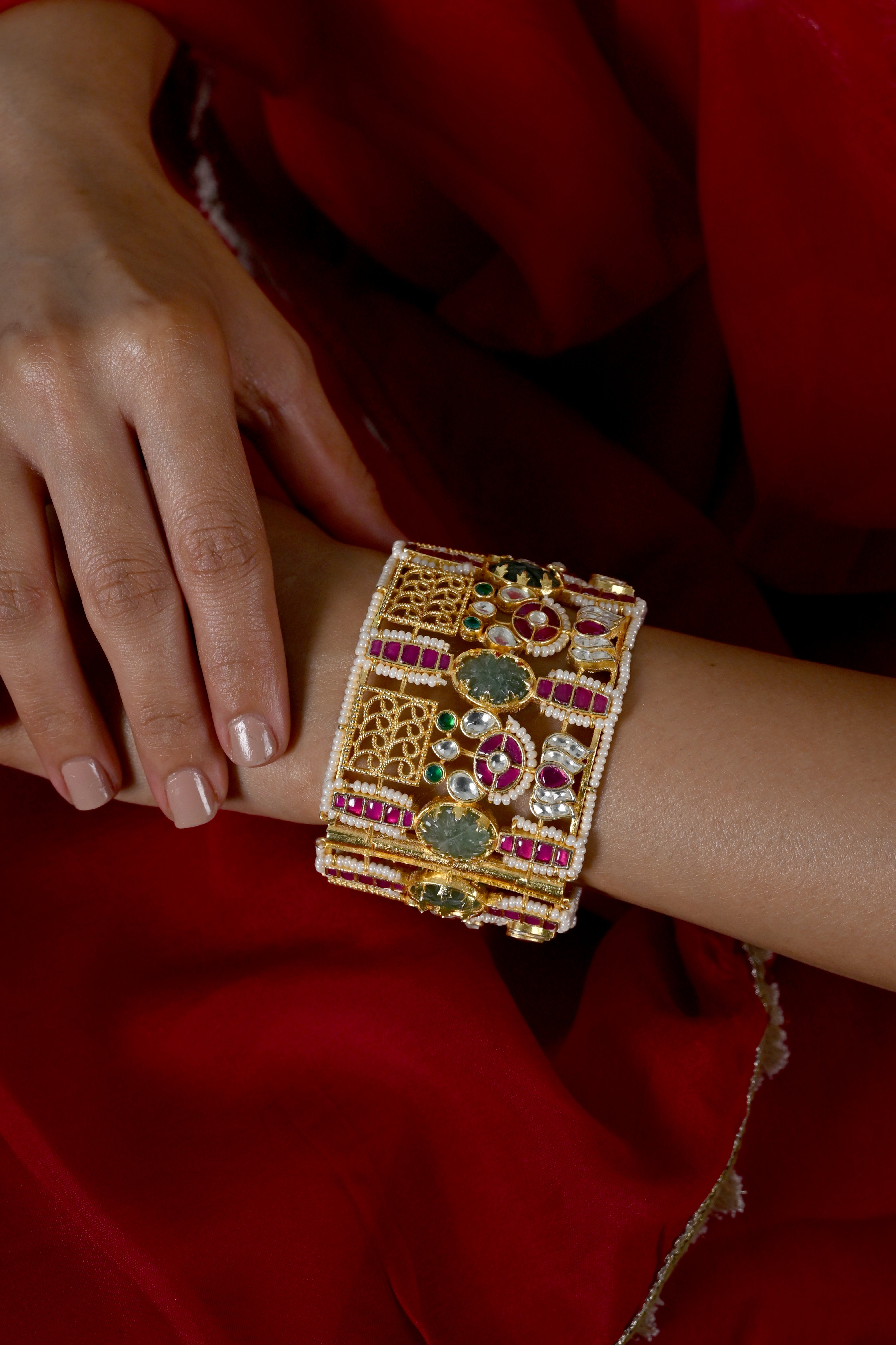 SJB1032- Multicolour Gold Plated Jadau Kundan Cuff Style Bangle