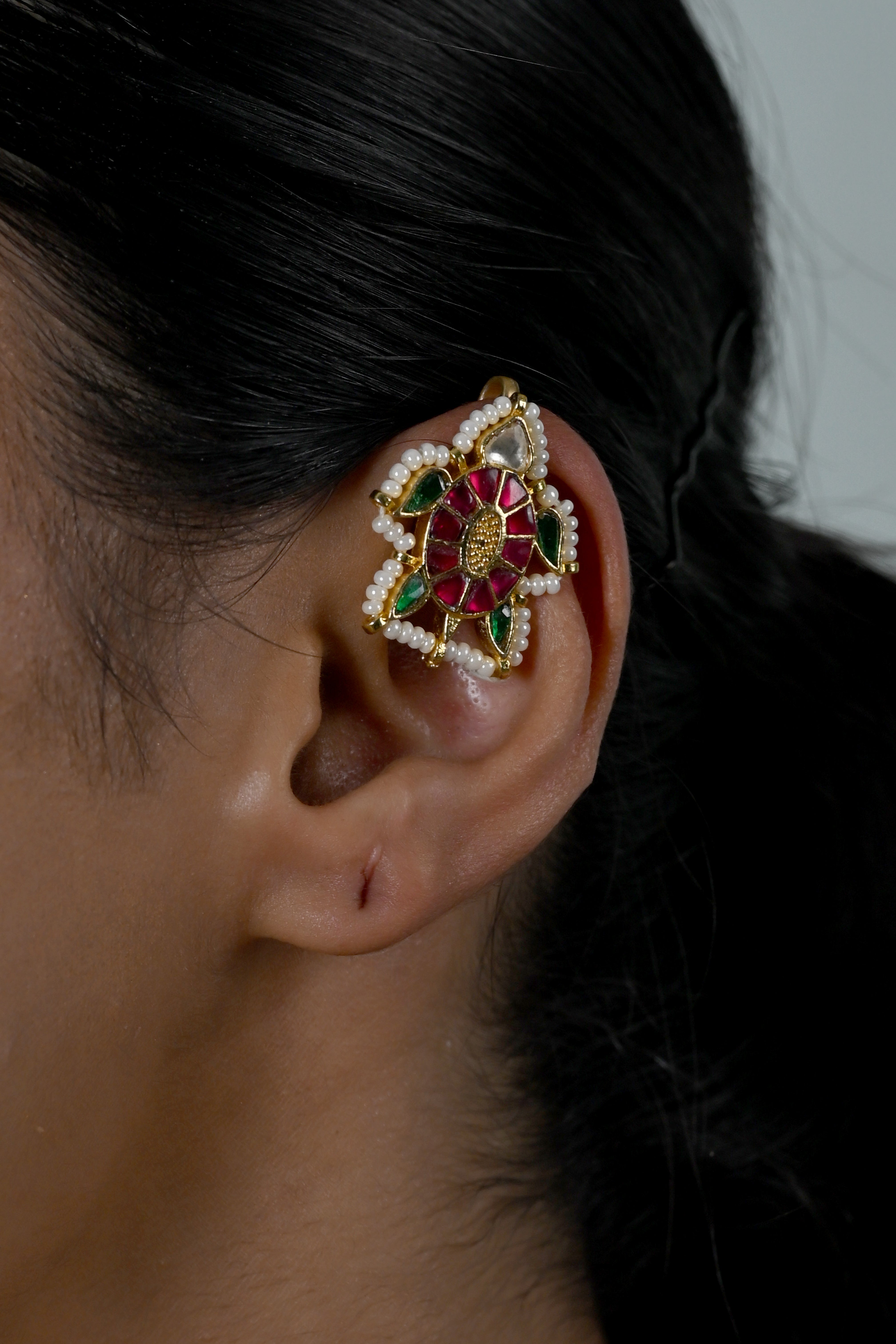 SJE1133- Multicolour Gold Plated Jadau Kundan Turtle Motif Ear Cuffs