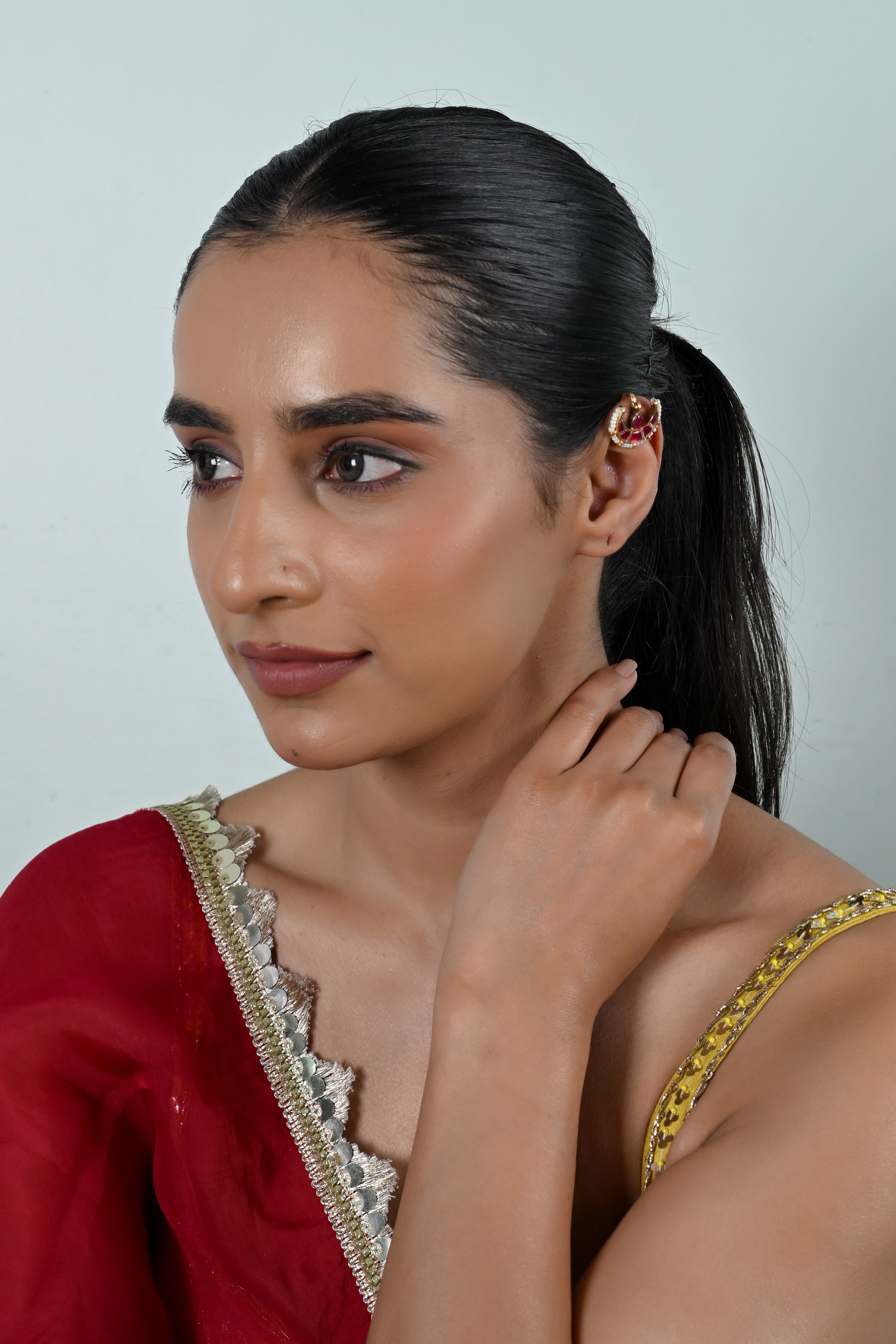 SJE1134- Pink Colour Gold Plated Jadau Kundan Half Moon Ear Cuffs