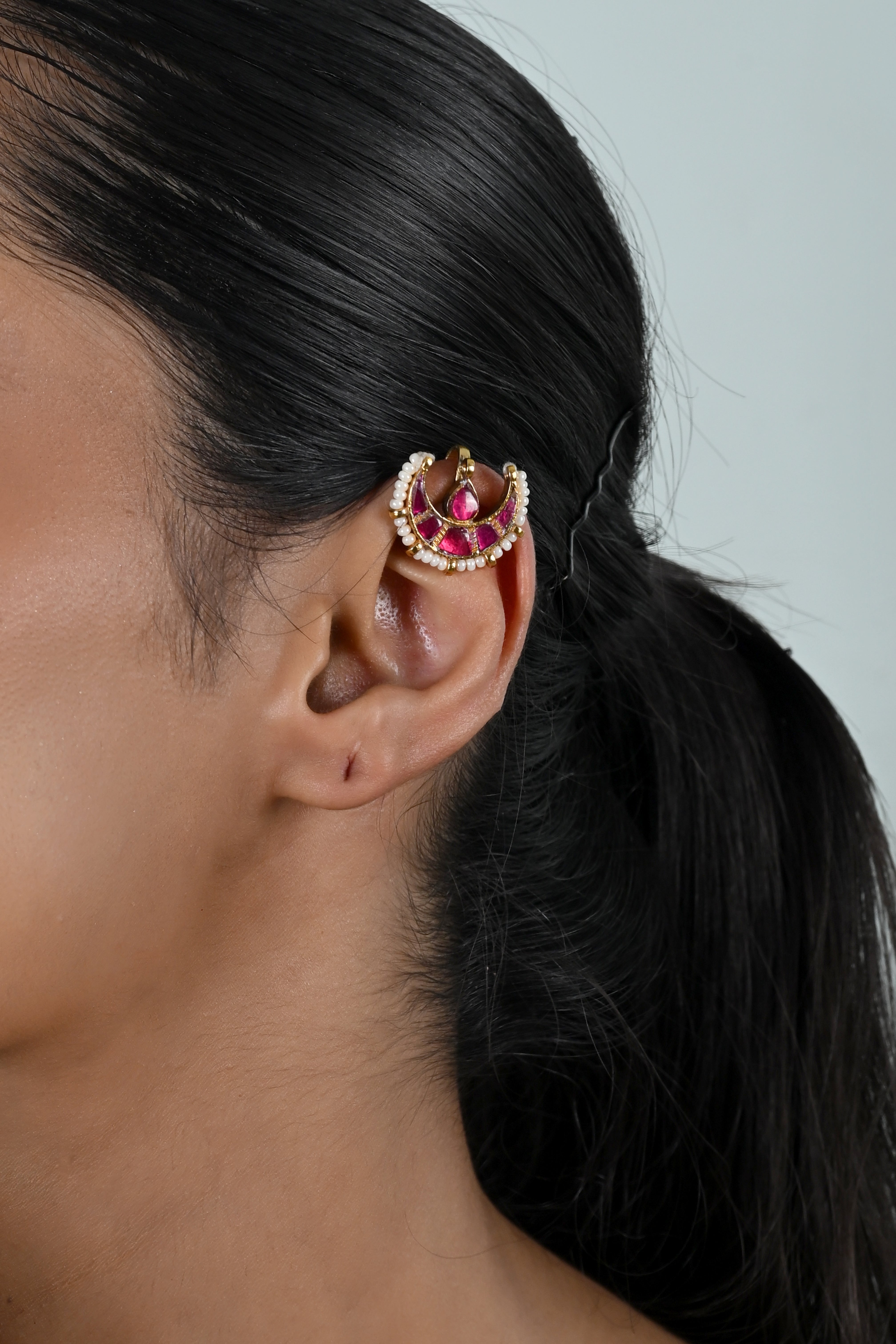 SJE1134- Pink Colour Gold Plated Jadau Kundan Half Moon Ear Cuffs