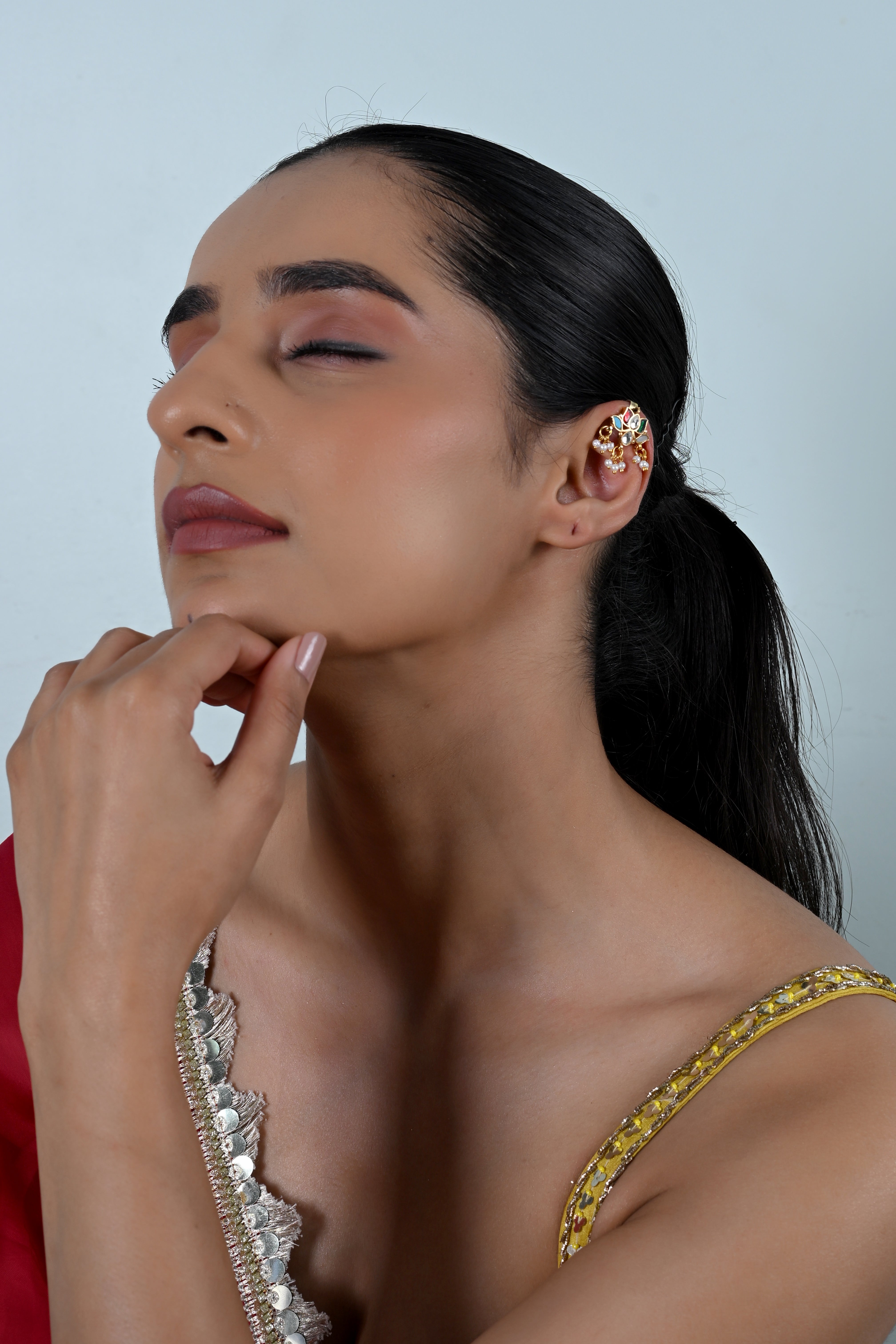 SJE1135- Multicolour Gold Plated Jadau Kundan Lotus Ear Cuffs