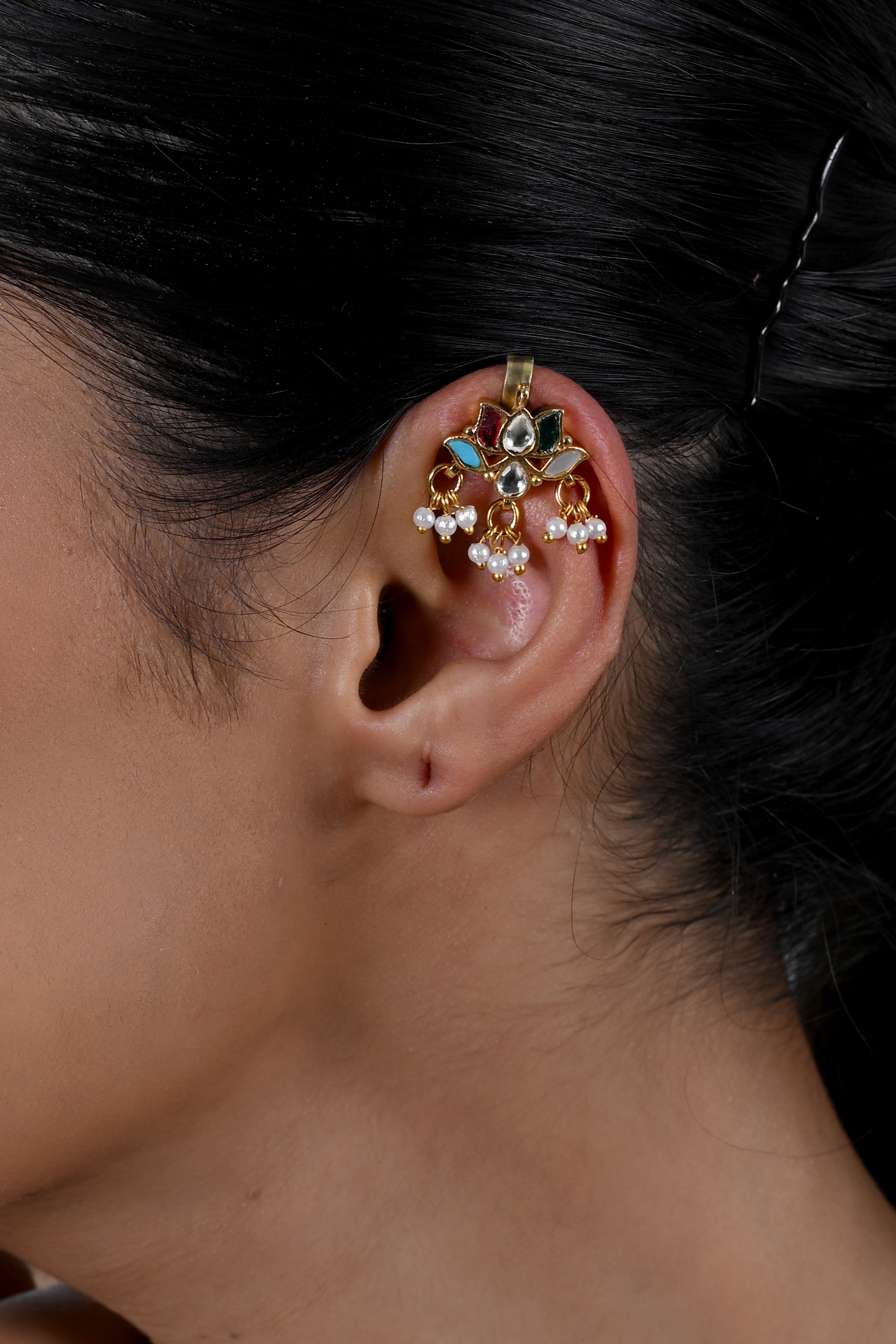 SJE1135- Multicolour Gold Plated Jadau Kundan Lotus Ear Cuffs