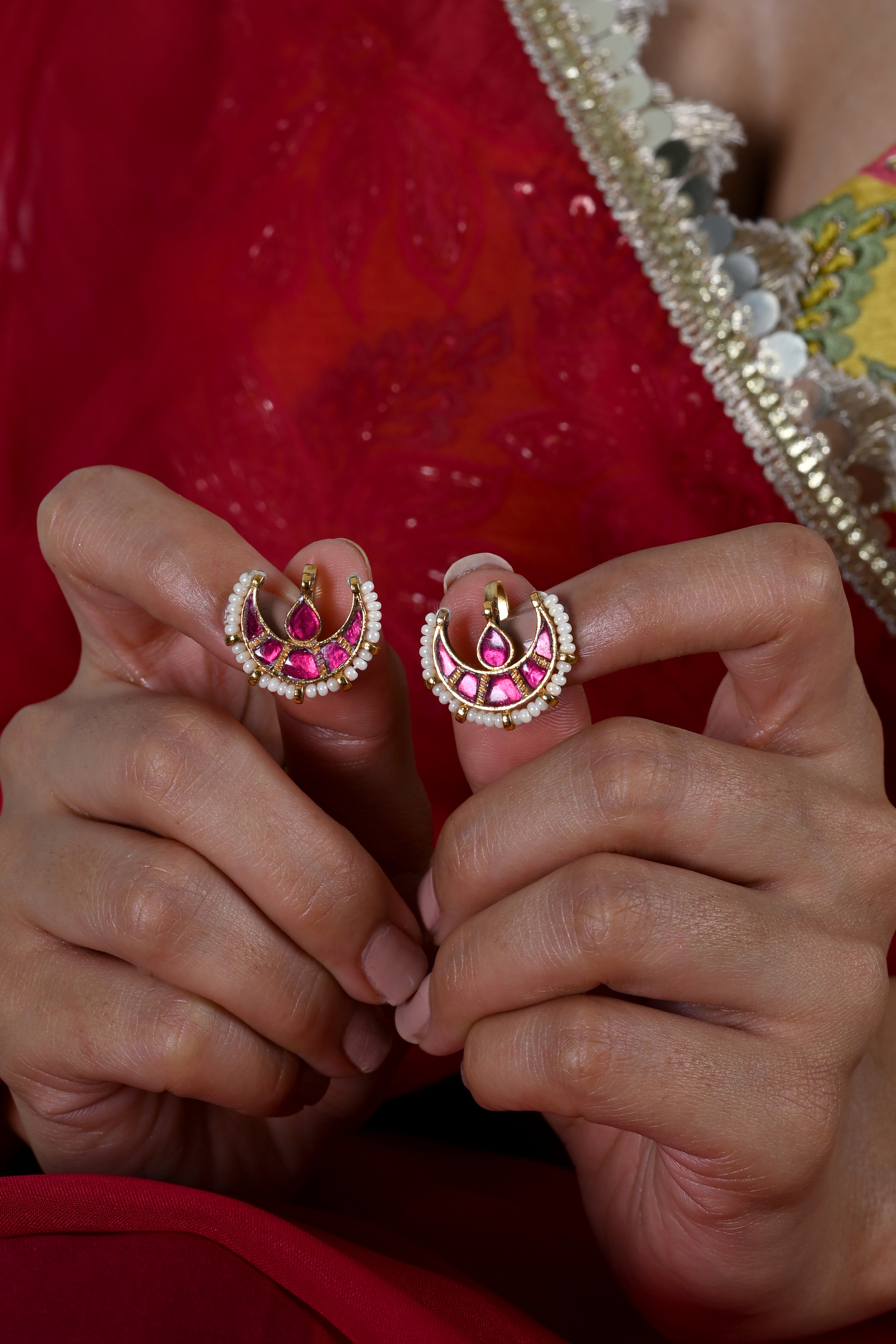 SJE1134- Pink Colour Gold Plated Jadau Kundan Half Moon Ear Cuffs