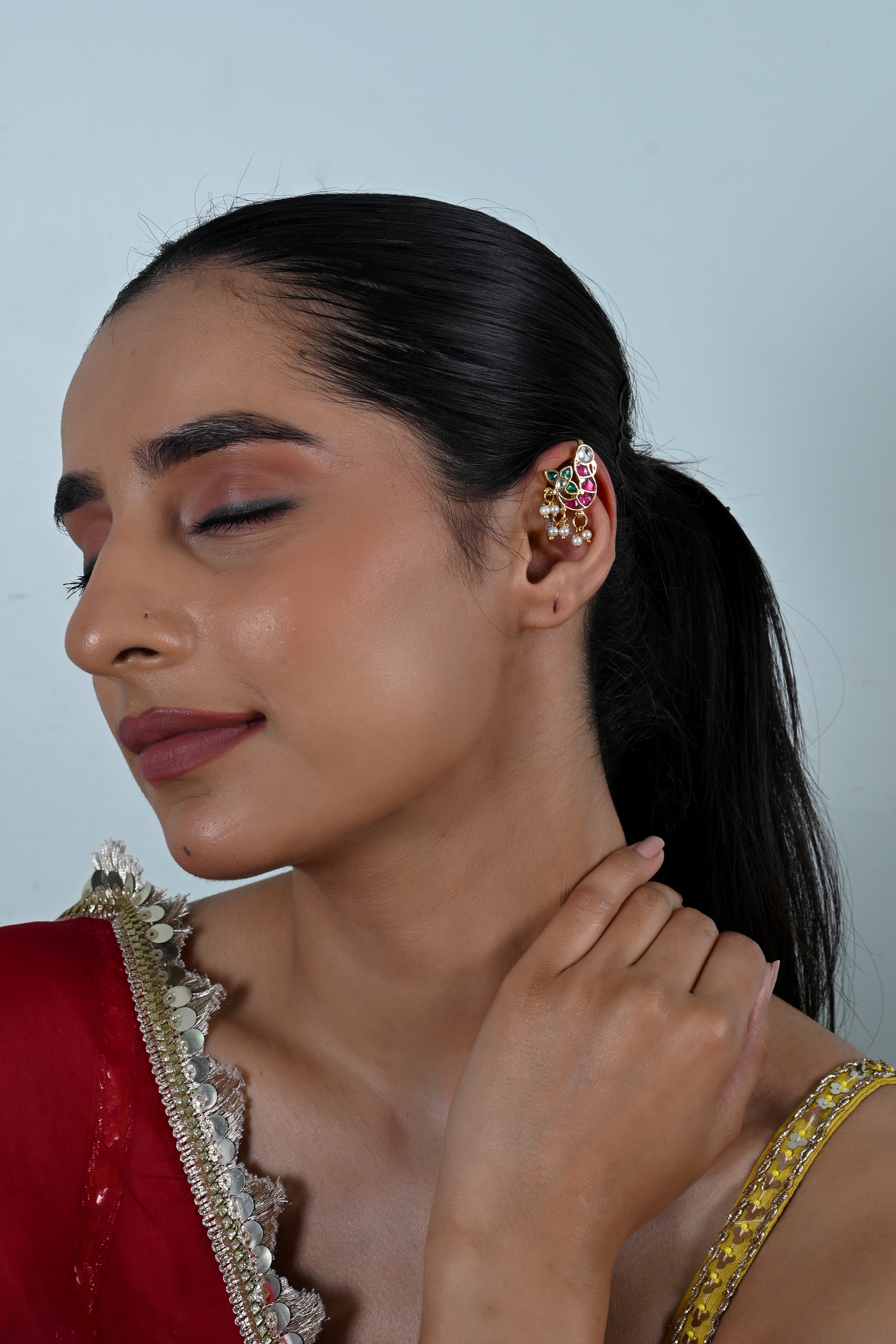 SJE1138- Multicolour Gold Plated Jadau Kundan Peacock Ear Cuffs