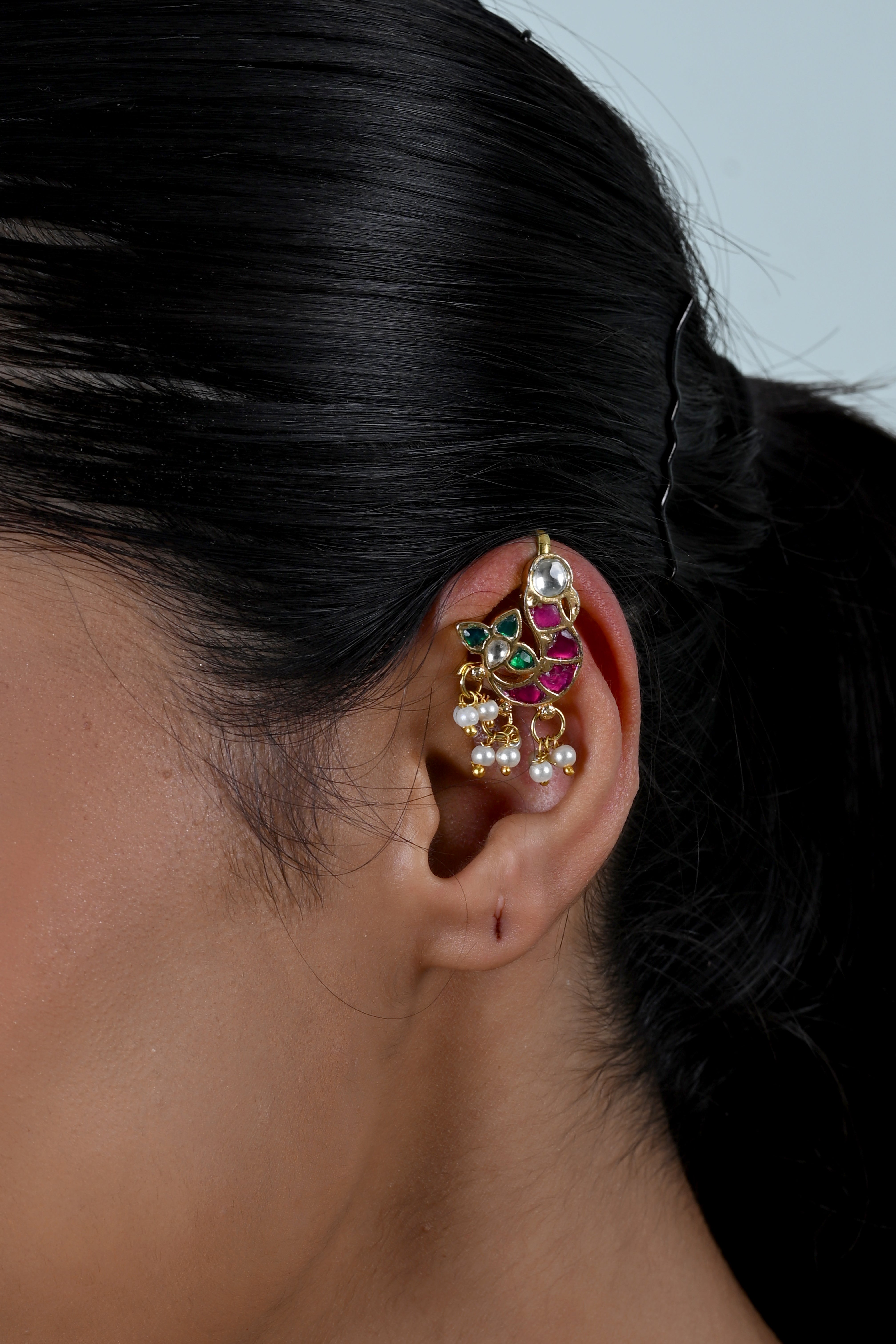 SJE1138- Multicolour Gold Plated Jadau Kundan Peacock Ear Cuffs