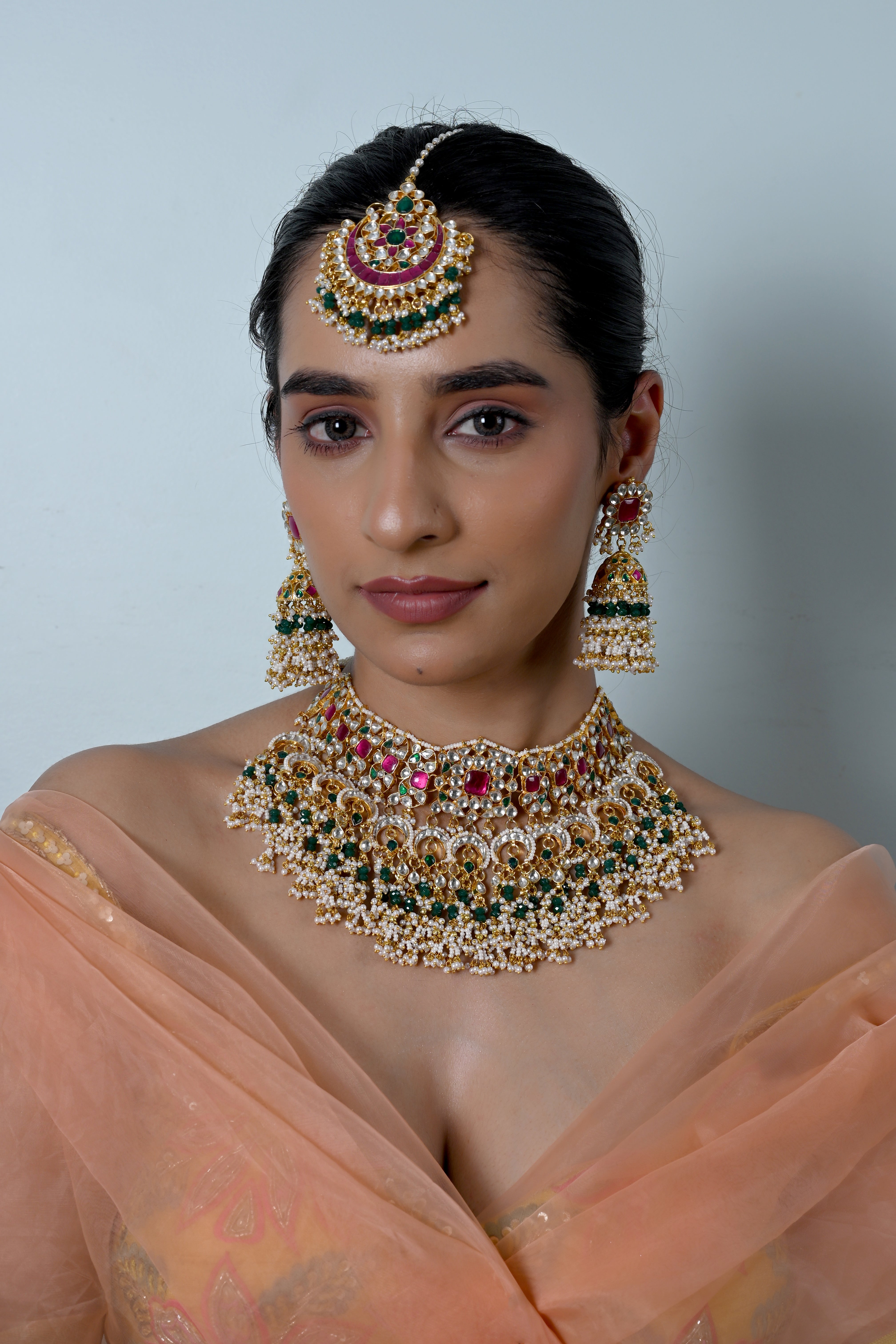 SJN1246- Multi Colour Gold Plated Jadau Kundan Necklace Set