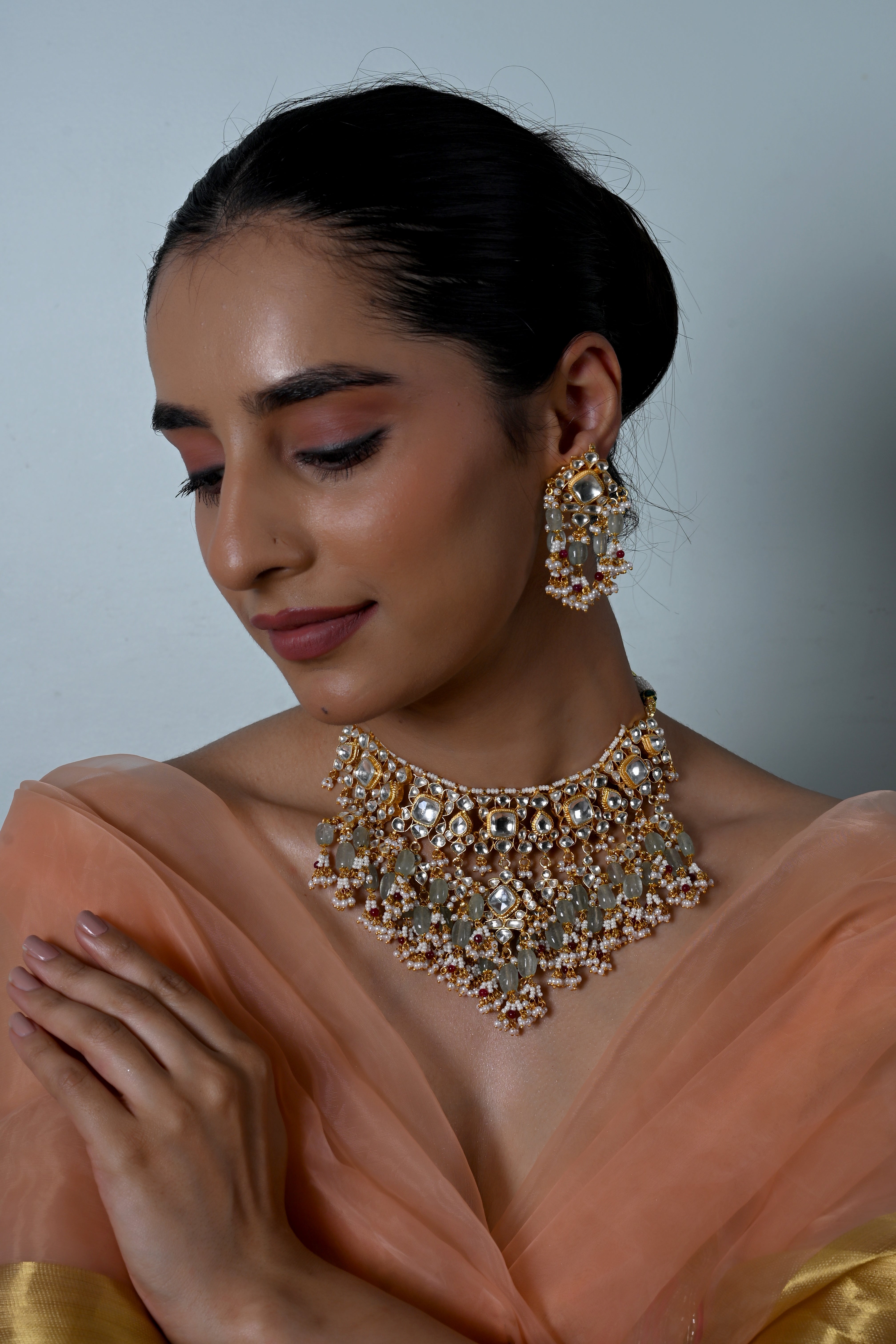SJN1247- White Colour Gold Plated Jadau Kundan Necklace With Earrings