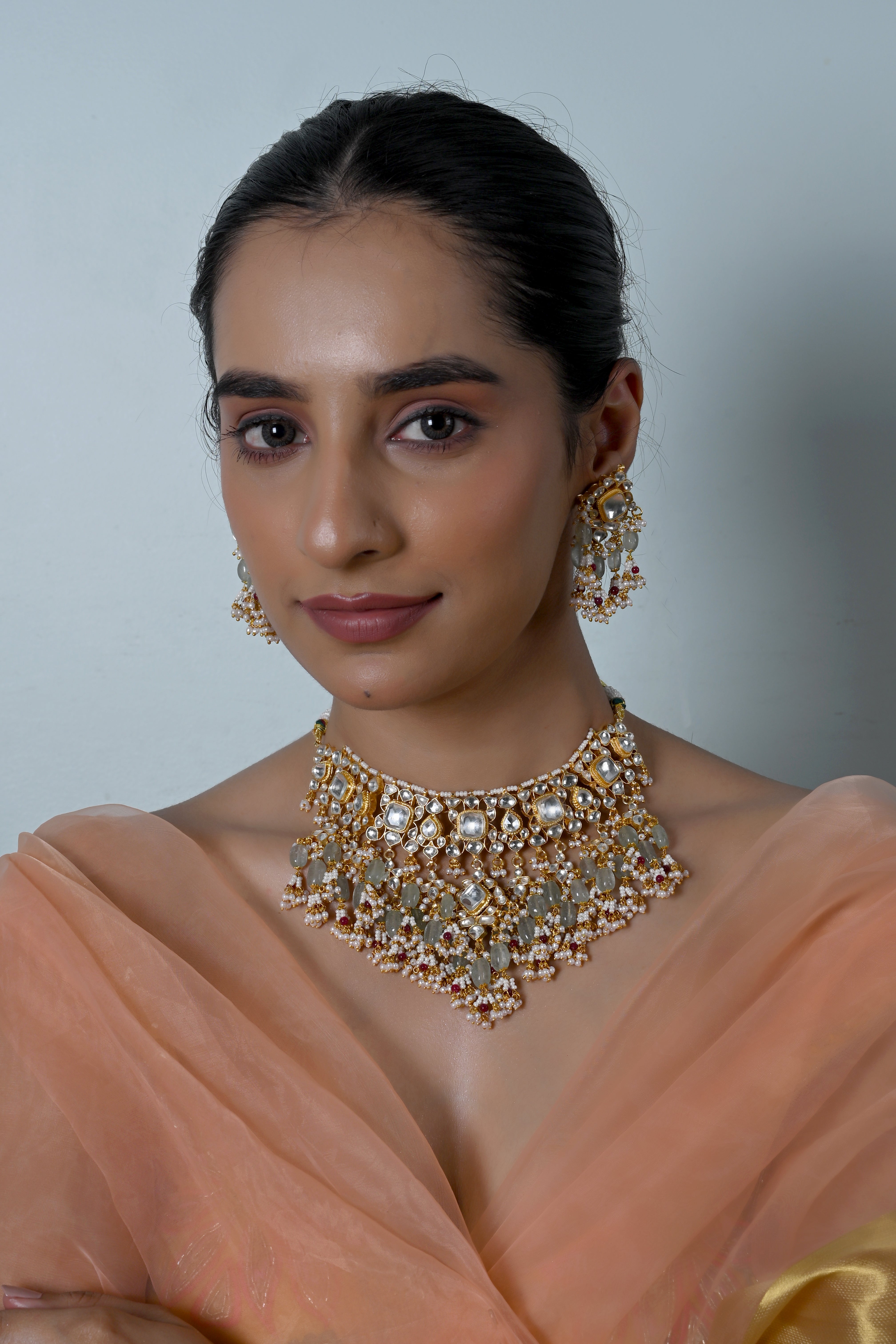 SJN1247- White Colour Gold Plated Jadau Kundan Necklace With Earrings