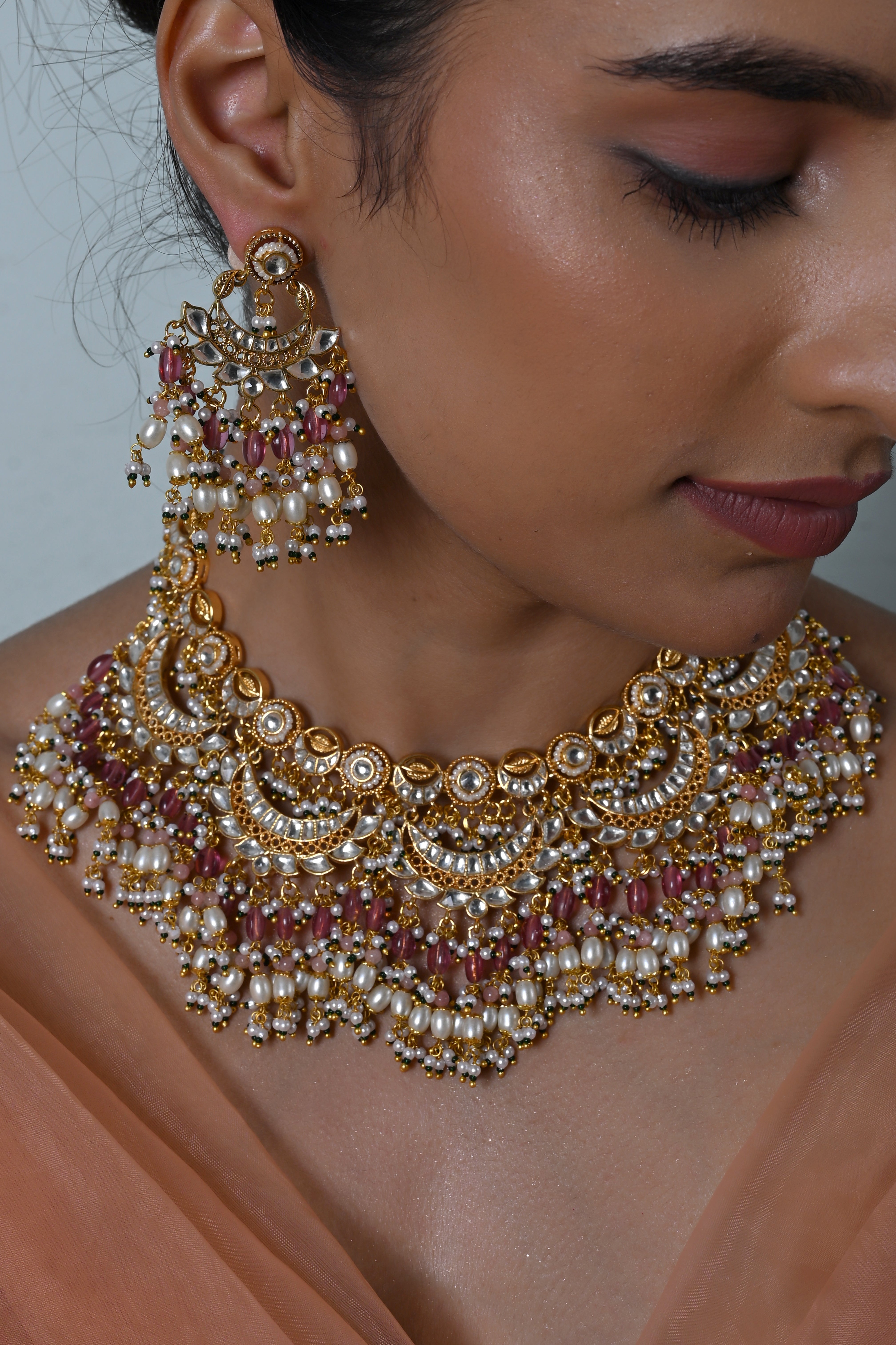 SJN1248- Pink And White Colour Gold Plated Jadau Kundan Necklace Set