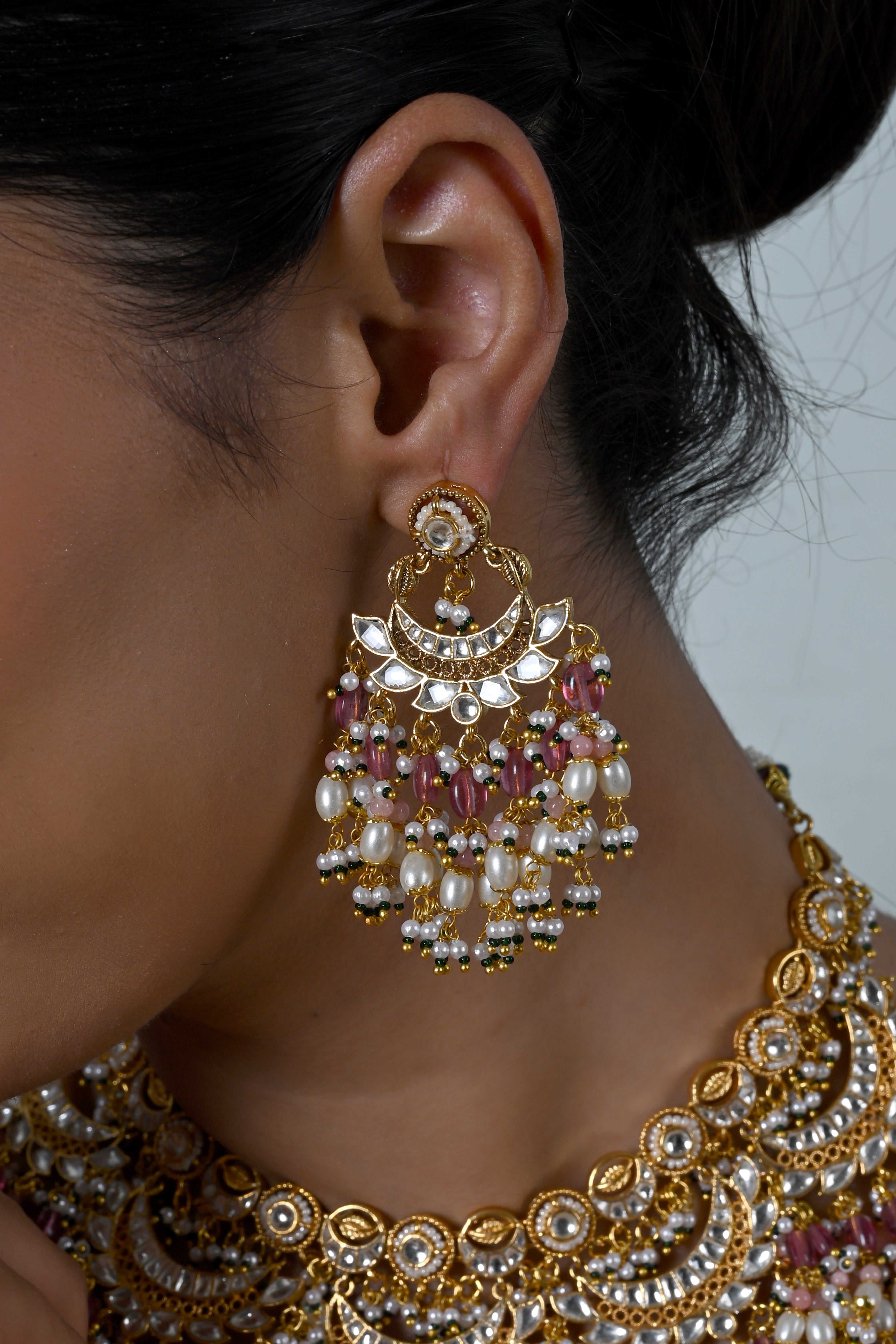 SJN1248- Pink And White Colour Gold Plated Jadau Kundan Necklace Set