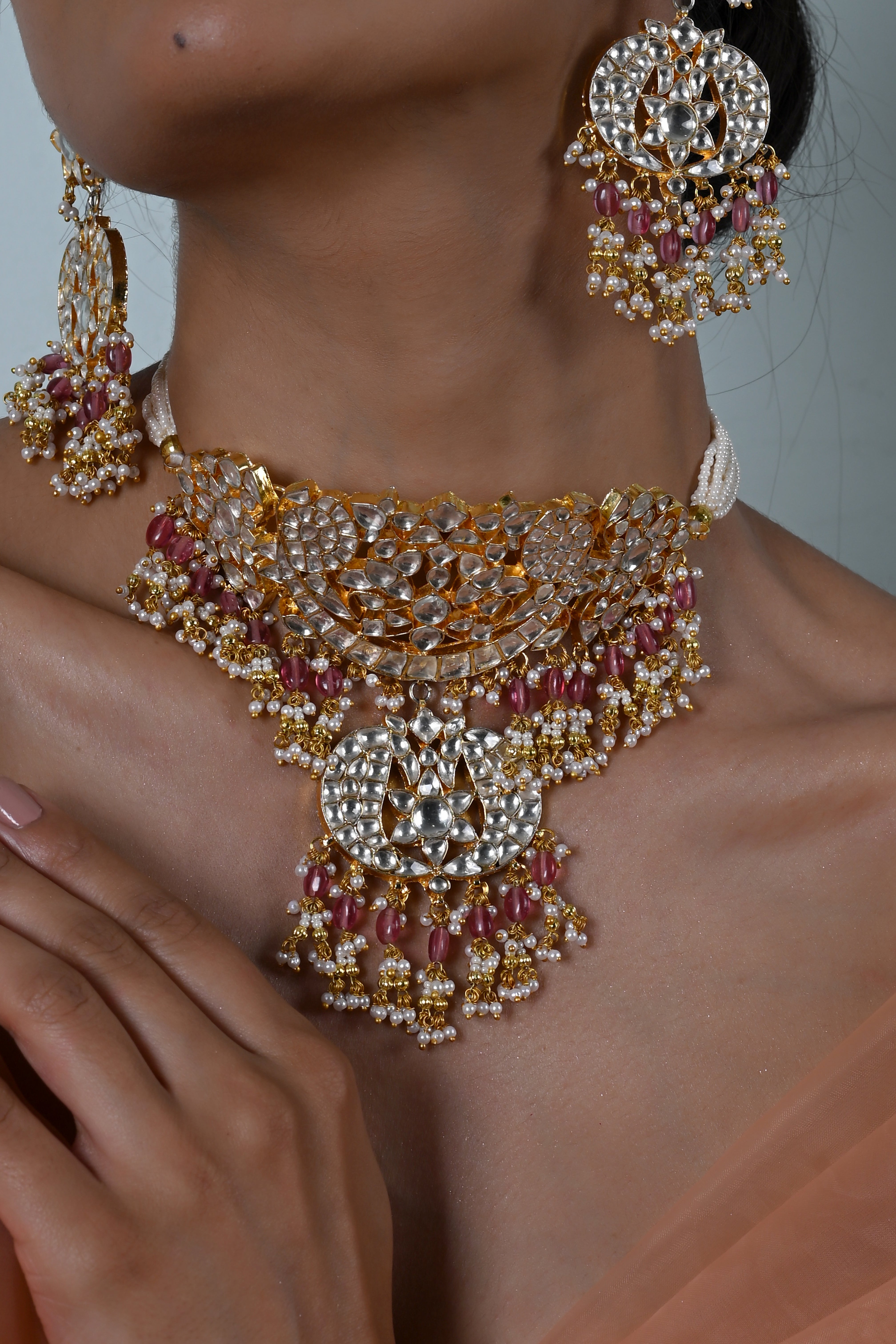 SJN1238- Pink And White Colour Gold Plated Jadau Kundan Choker with Earrings