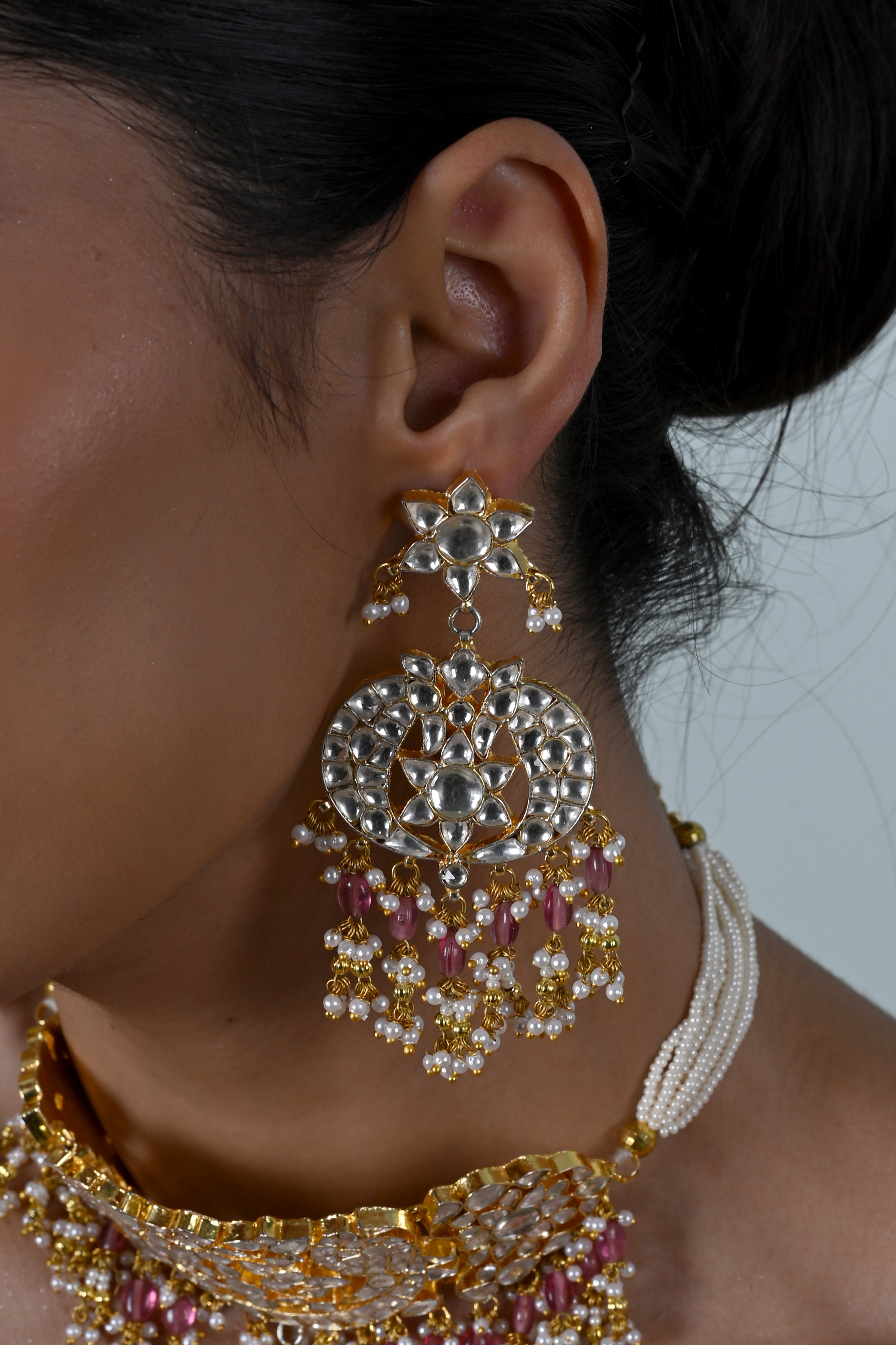 SJN1238- Pink And White Colour Gold Plated Jadau Kundan Choker with Earrings