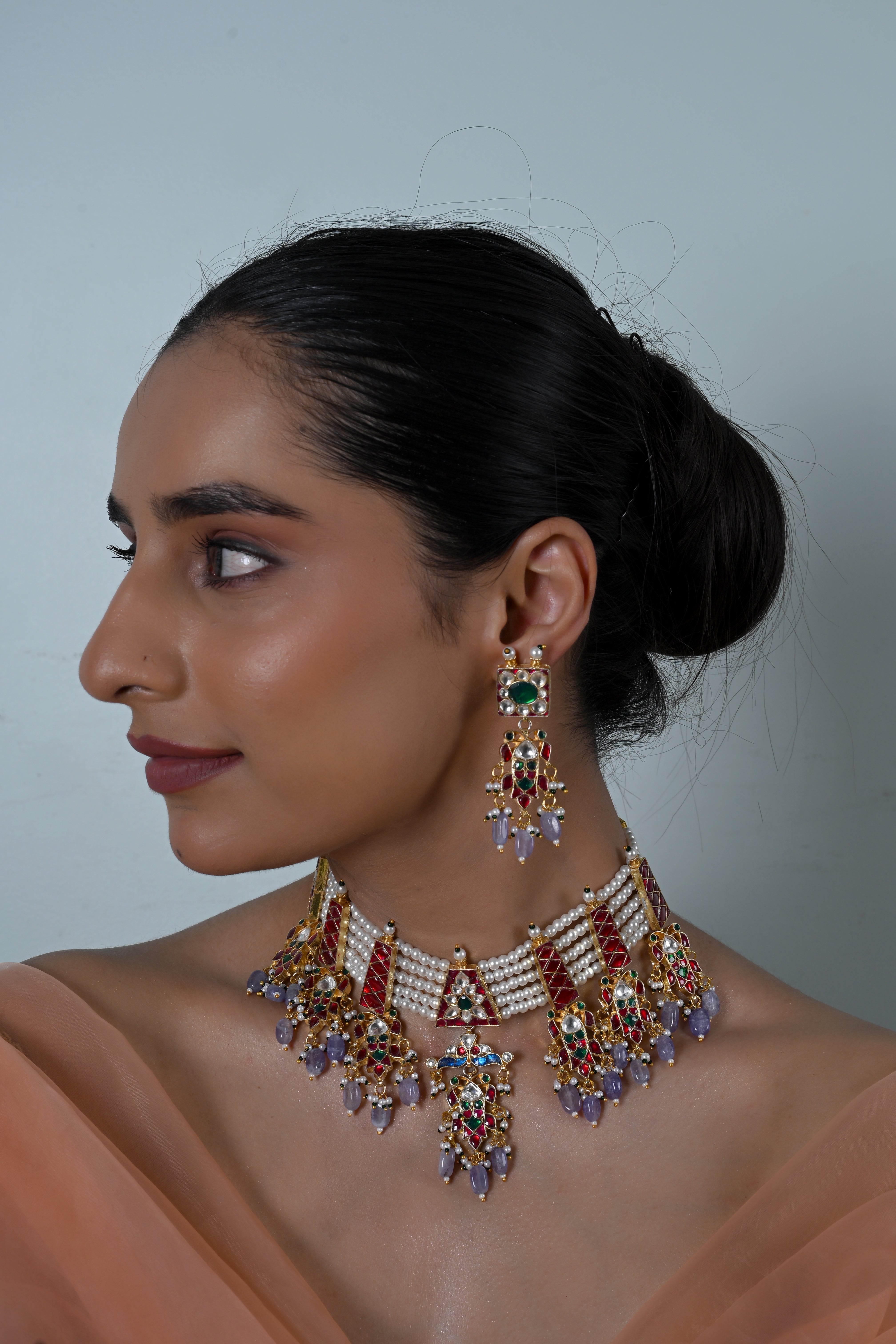 SJN1250- Multi Colour Gold Plated Jadau Kundan Necklace With Earrings