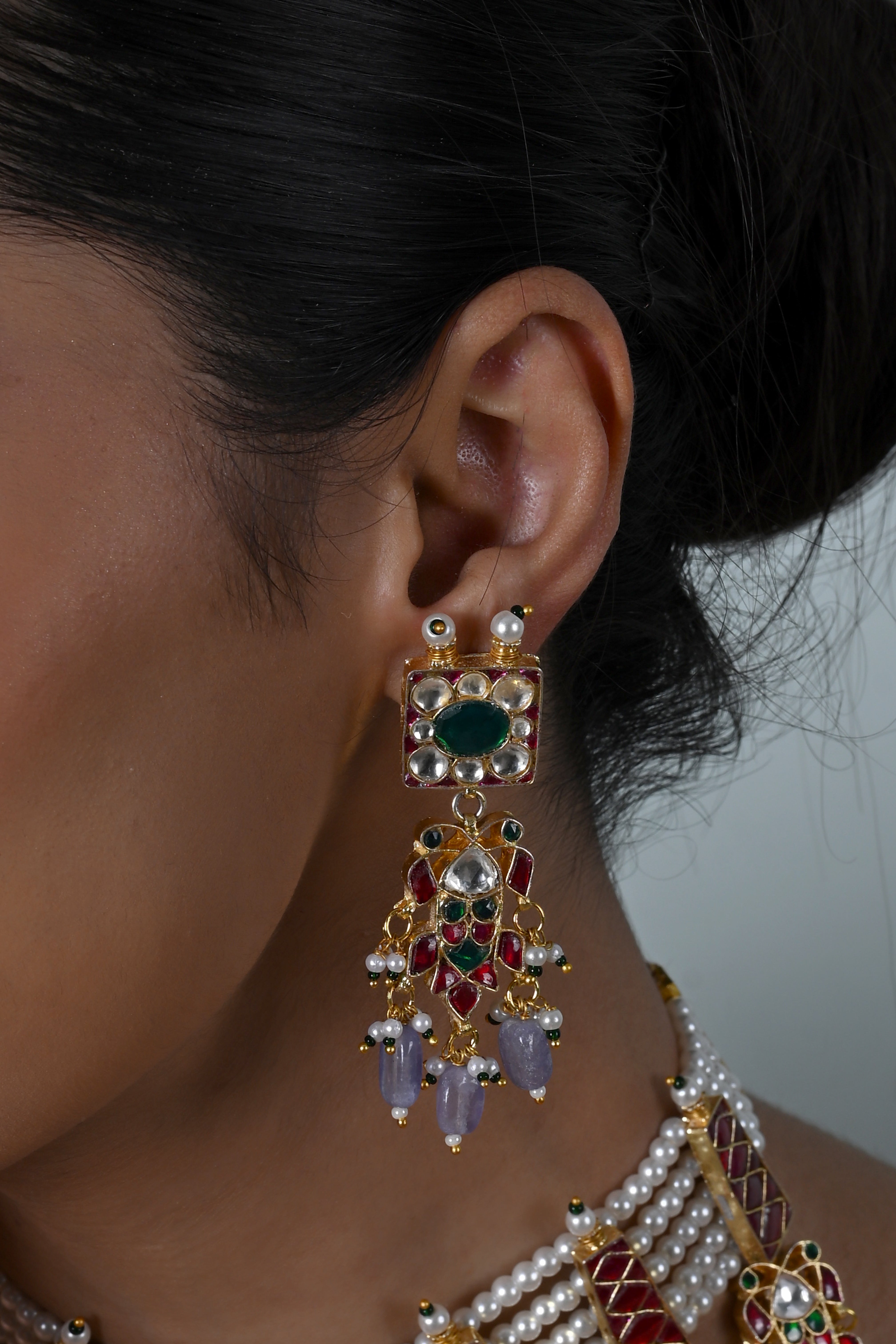 SJN1250- Multi Colour Gold Plated Jadau Kundan Necklace With Earrings