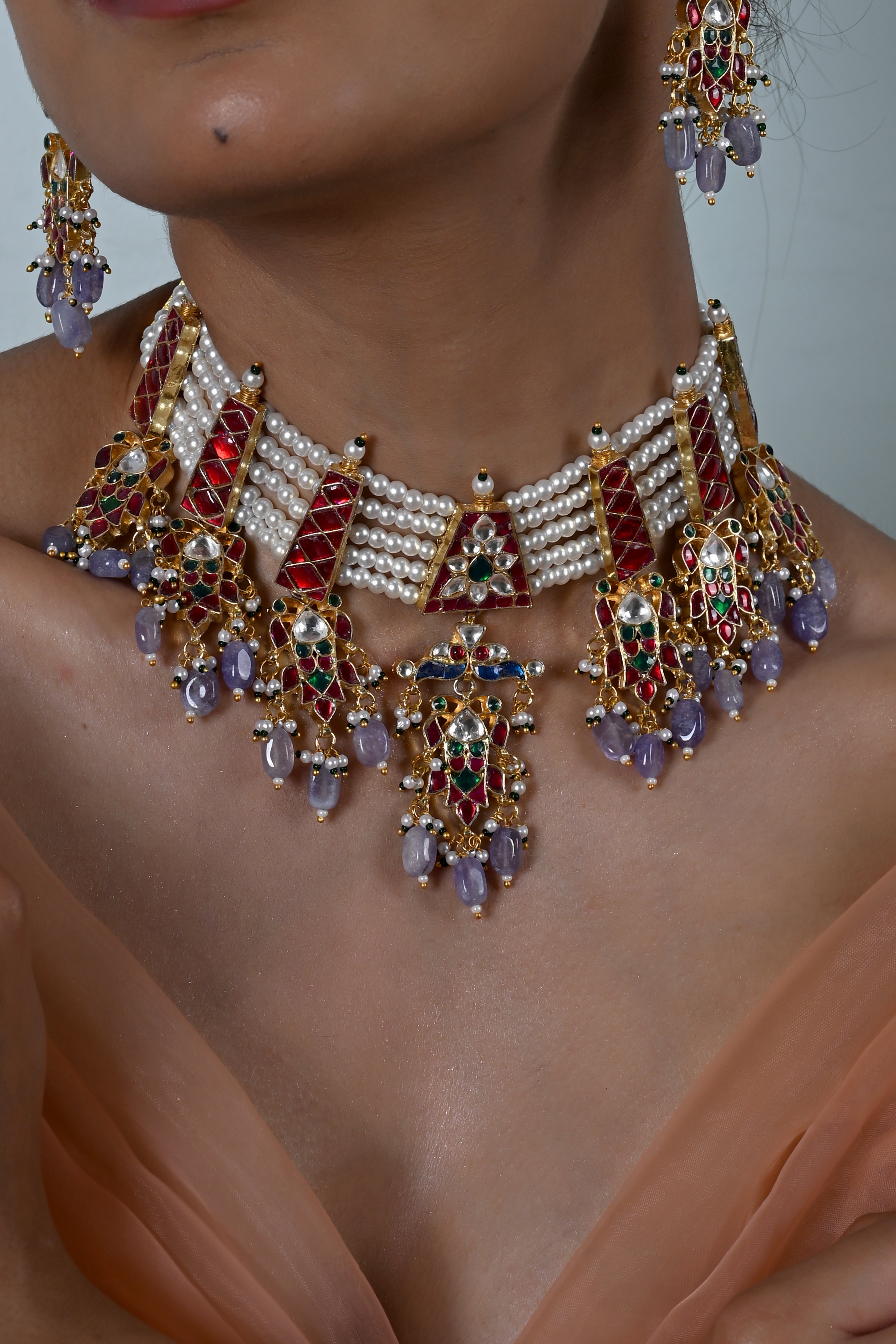 SJN1250- Multi Colour Gold Plated Jadau Kundan Necklace With Earrings